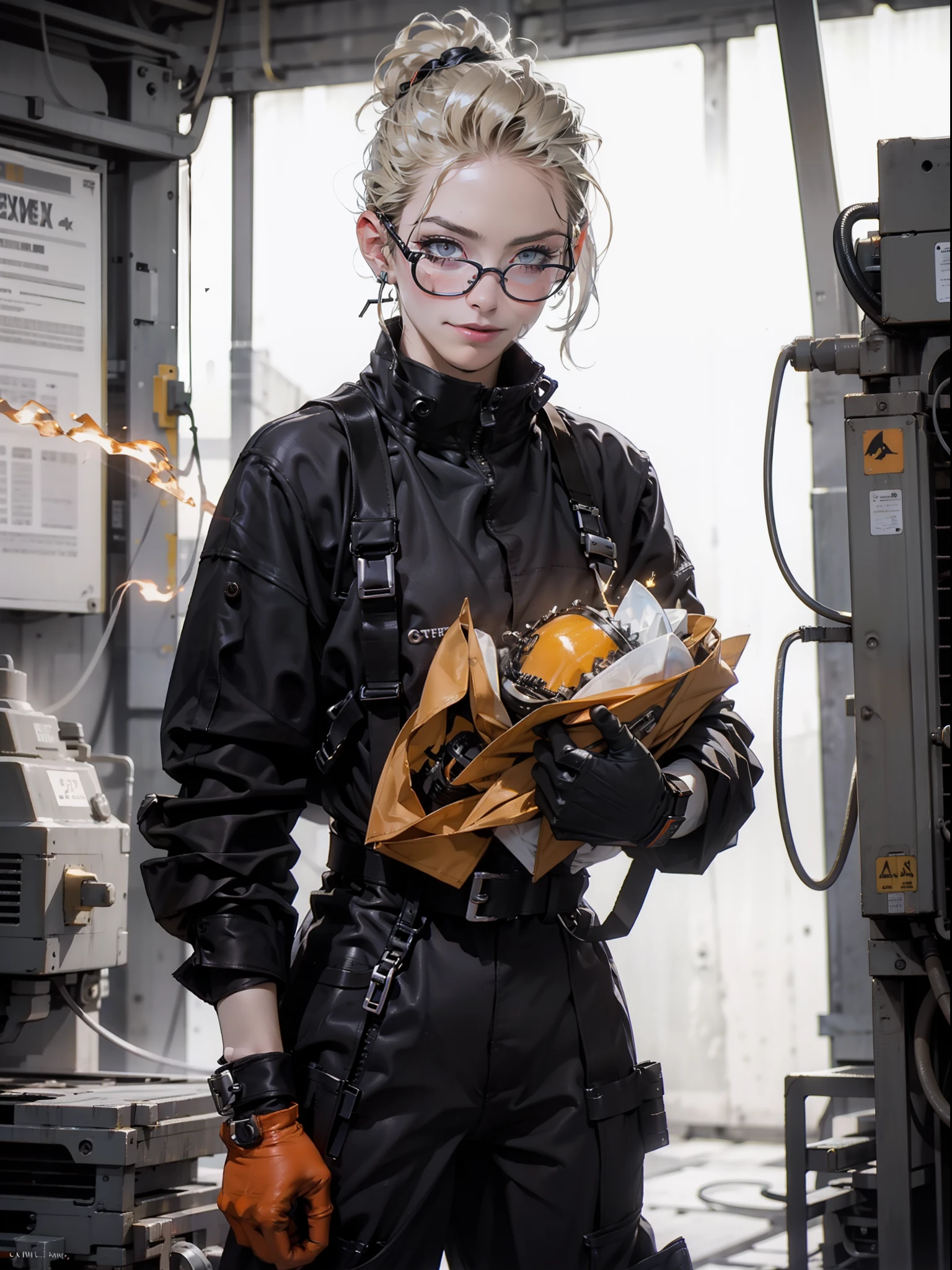 Nijistyle, short hair, nnlnnx, A muscular 35-year-old female welder working hard in a nearly naked steel industry in the Simon Bisley style, (( welder's glasses on forehead )), Holding a blowtorch, fumando um charuto, charuto entre os dentes, She wears a bandana on her head and is working hard operating machines in the production of parts for robots, suada, pele molhada de suor, suja, cansada mas sorrindo, orange worker overalls with typographies, ((( cor de laranja ))), corpo perfeito, seios grandes com decote, ((( cabelo super curto loiro claro ))), ((( rosto adulto ))), ((( Aninha Lennox ))), Minimum clothing, mostrando parte dos seios, decote invertido, Nijistyle, jantar adulto, cena sensual, extremamente sexy