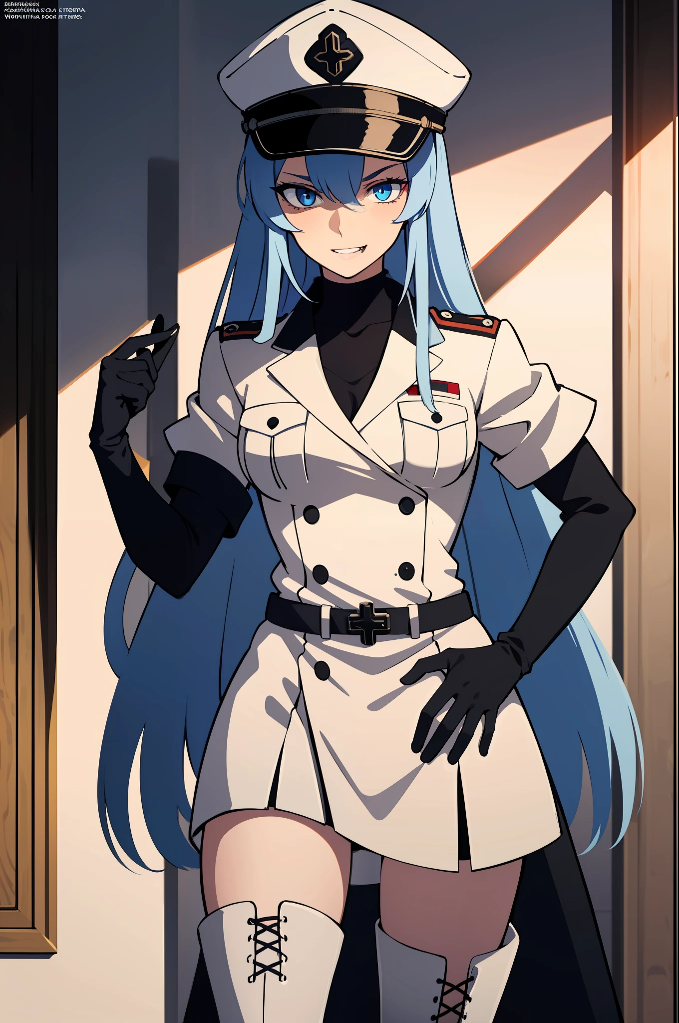 ((masterpiece, sidelighting, finely detailed beautiful eyes: 1.2)), ultra-detailed, ultra high res, professional lighting, high quality makeup, beautiful detailed eyes, sexy, beautiful, big eyes, cowboy shot, long hair, very_long_hair, light-blue hair, blue eyes, medium breasts, white military uniform, over-knee boots, white long boots, high heels, military cap, full-arm-gloves, black gloves, black_cross_ornaments, black collar, (evil:1.2)