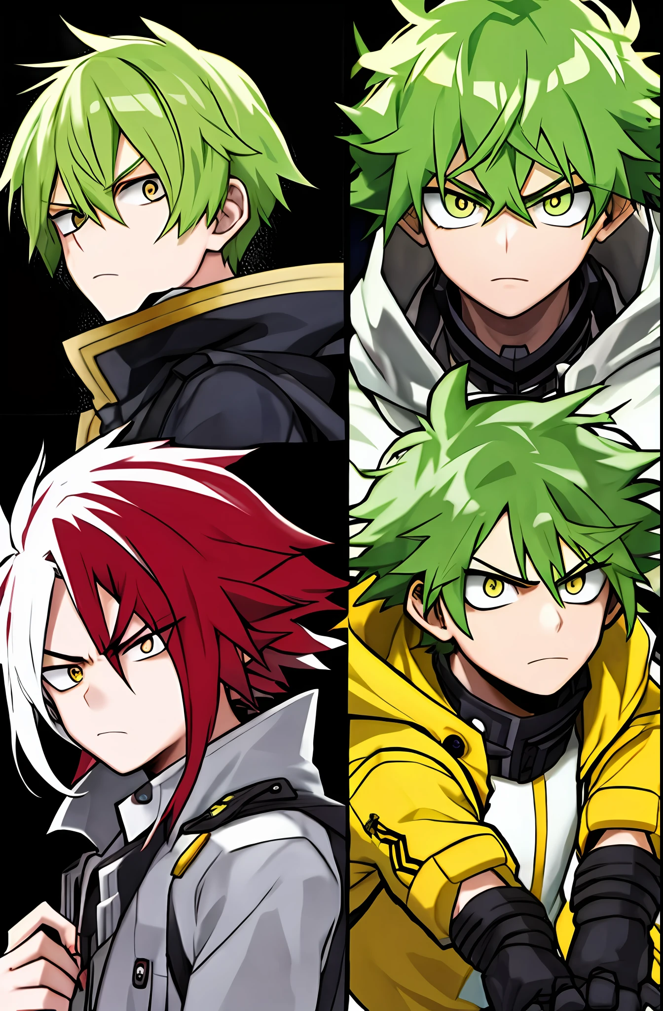 Horikoshi Kouhei, 1 child, boku no hero academia, Pelo negro corto, pale, Cara hermosa , guantes de codo, cejas, scowling, guantes, ojos verdes, por el negro, mirando al espectador, colmillos, arte oficial , pale-skin, Ser, cabello corto, ojos verdes, boy, male, boy