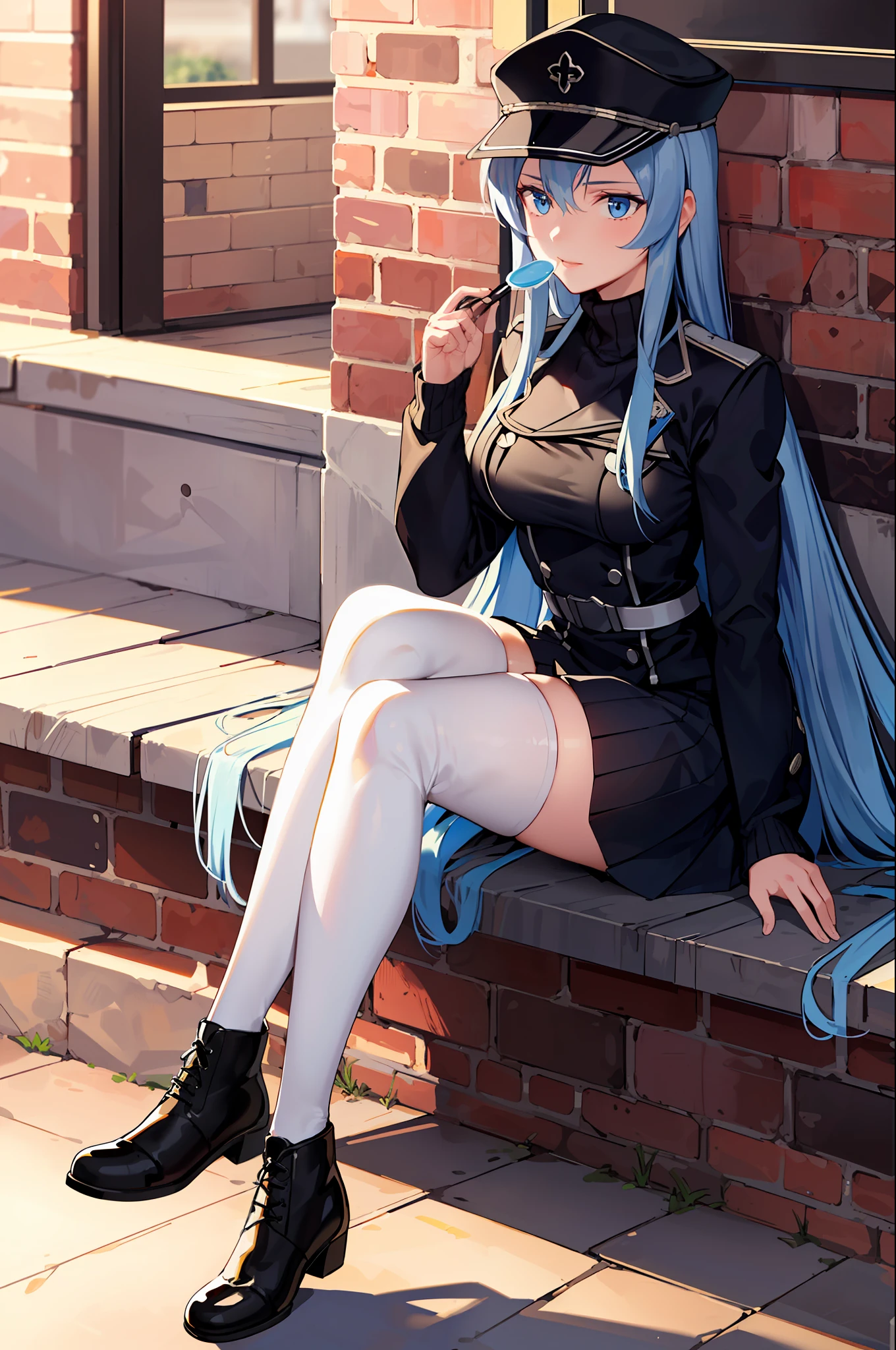 (Masterpiece), (Best Quality),A high resolution, Ultra Detailed, esdeath, Long hair ,Blue hair, blue eyes, peaked cap, detailed background, cafes,High waist Skirt, black tights, (black sweater top), full - body