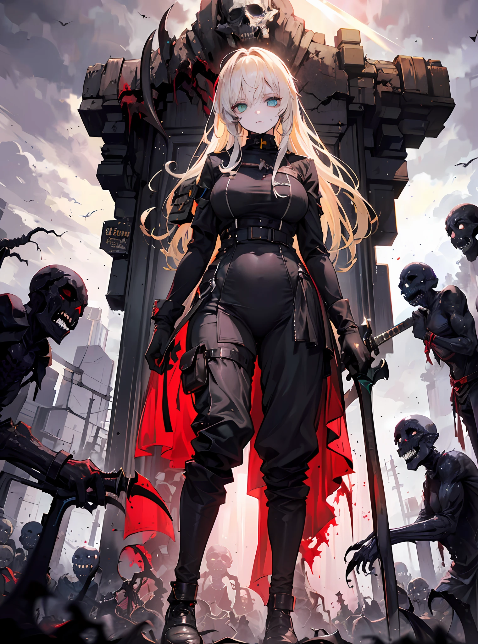 {{a masterpiece of、beste-Qualit、extremely details CG、Lively images、Undead Movies、lensflare}}、、(1 girl soldier fighting the undead with a big sword)、(Wide View)、Thick body、 a photorealistic:1.4、Long blonde hair、Green eyes、((Hordes of the Undead:1.5))、Stranger