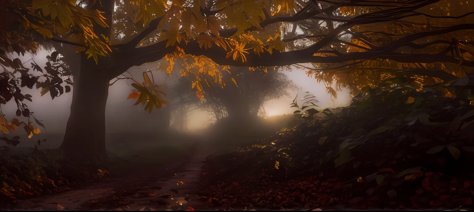 there is a tree that is standing in the middle of a field, luz de outono, foggy volumetric light morning, melancholy autumn light, Luz Natural Canon EOS C 3 0 0, still from a nature documentary, luz solar suave do outono, Luzes de outono, Nascer do Sol do Outono Luz Quente, Luz matinal 8K HDR, a mystical misty glow, magical leafs falling, Luzes do sol de outono