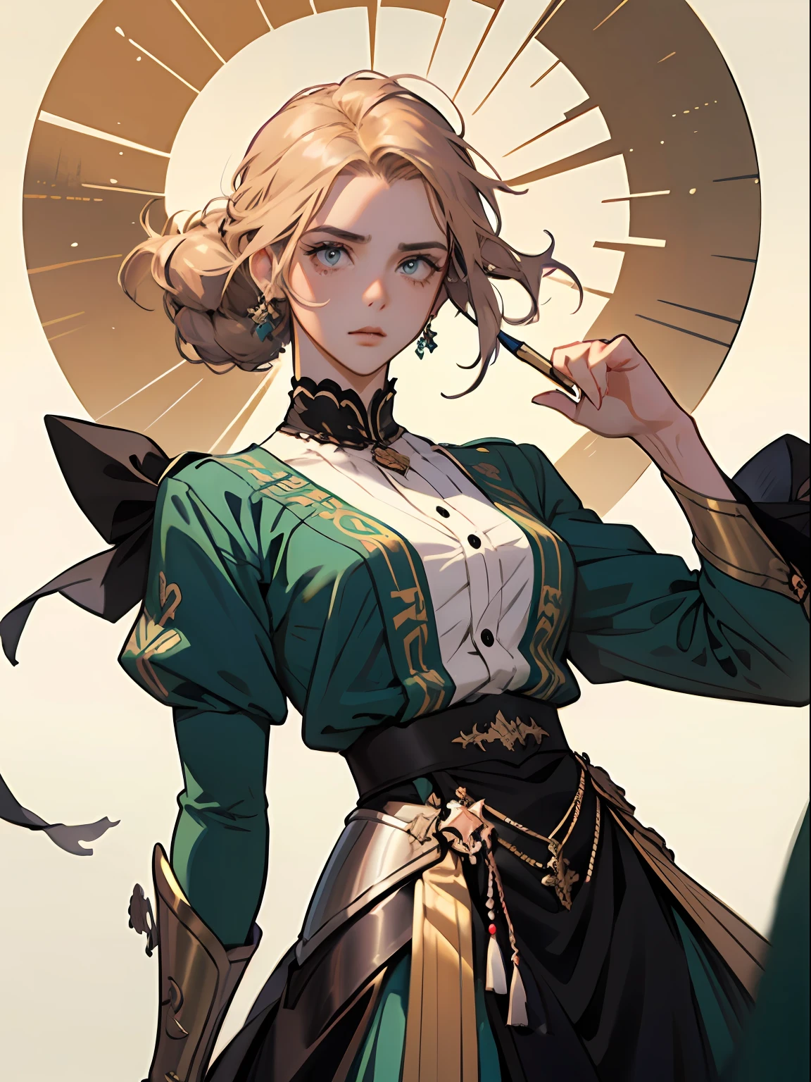 Jovem mulher 18 anos: 1.3, Hair striking and elegant appearance, with a mix of medieval and aesthetic elements of the anime style. Uma mulher celta medieval, retratada em uma pintura antiga, exhibits an imposing and noble presence (imponente, nobre). Seus cabelos ruivos fluem como chamas emoldurando um rosto corajoso e orgulhoso (corajoso, orgulhoso). His eyes sparkle with a mixture of ancestral wisdom and determination (wise, determinado). Vestida em um traje intricado e tecidos luxuosos, ela carrega consigo a aura de uma guerreira valente e protetora (valente, protetora). His posture is majestic, conveying the resilience and strength of your people (resiliente, forte). ((anime traits))