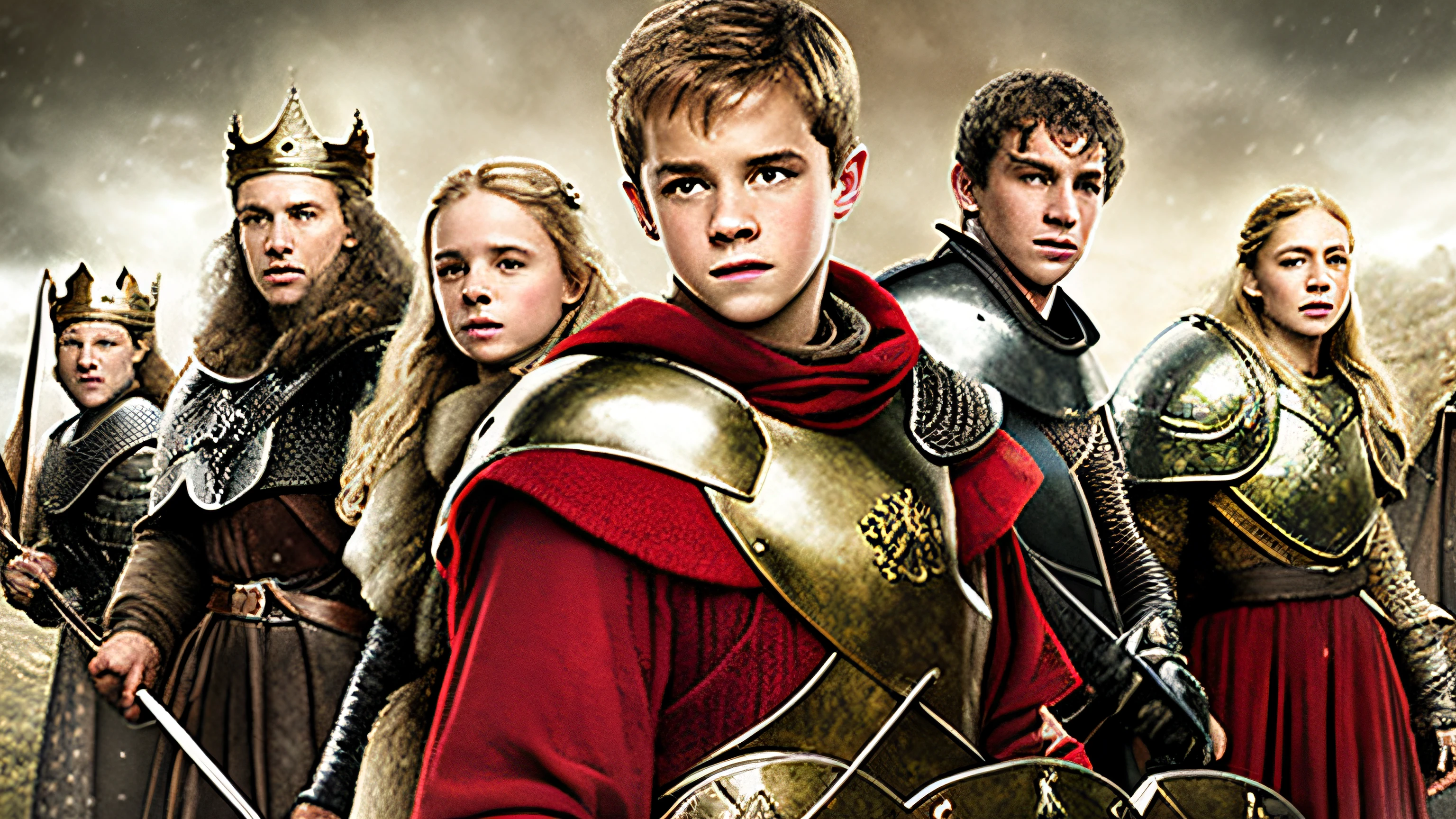 a close up of a group of people with a shield and a sword, chronicles of narnia, movie promotional image, camelot, kingslanding, netflix series, king arthur, emma watson as a knight, medieval poster, netflix, narnia, inspired by Edward Clark, medieval time, tv series, live action movie, fantasy movie, medieval times, inspired by Thomas Tudor