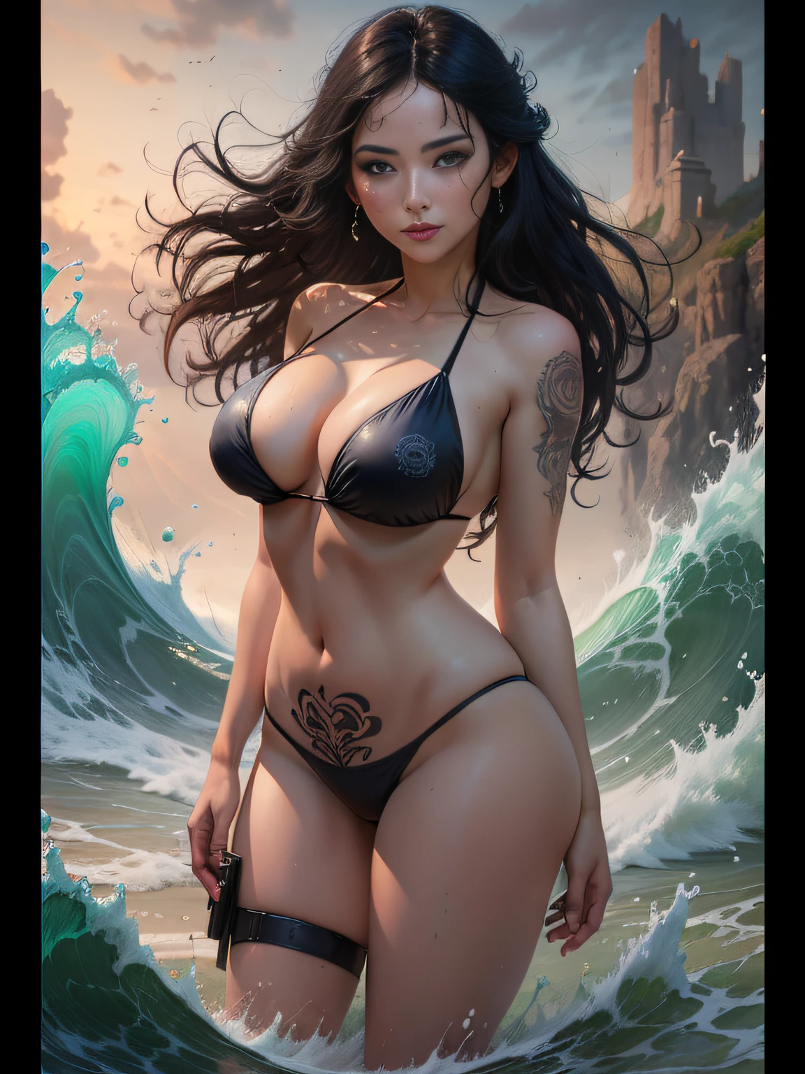 full body, Jean-Baptiste Monge Style, close-up, lovely woman in a beach field, splashing, magic lights, WLOP, Artgerm and James Jean, By Pascal Blanche Rutkowski, Repin Artstation, Art of Aquirax, 8k, epic, sharpen focus, hyper-realistic painting, concept art of detailed character design, matte painting, beautiful caucasian full body girl close-up, oil painting, stormy sunset reddish sky, abstract rough waves, concept art, skin wet with water, water drops, bubbles and wave foam, digital art, glossy, Kinematic, big perfect eyes glossy, filigree, surreal, fantasy, woman, volumetric lighting", "Best Quality", "Masterpiece, Sakimichan style art, slight smile, view of pubic hair , 1 sexy girl with transparent beachwear, exposed breasts, open transparent T-shirt, tattoos of mandalas and flowers, the best quality, long curly black hair, long cascading hair, long curly hair,,transparent bikini, black bikini, beautiful girl in a short bikini that reveals beautiful pubic,