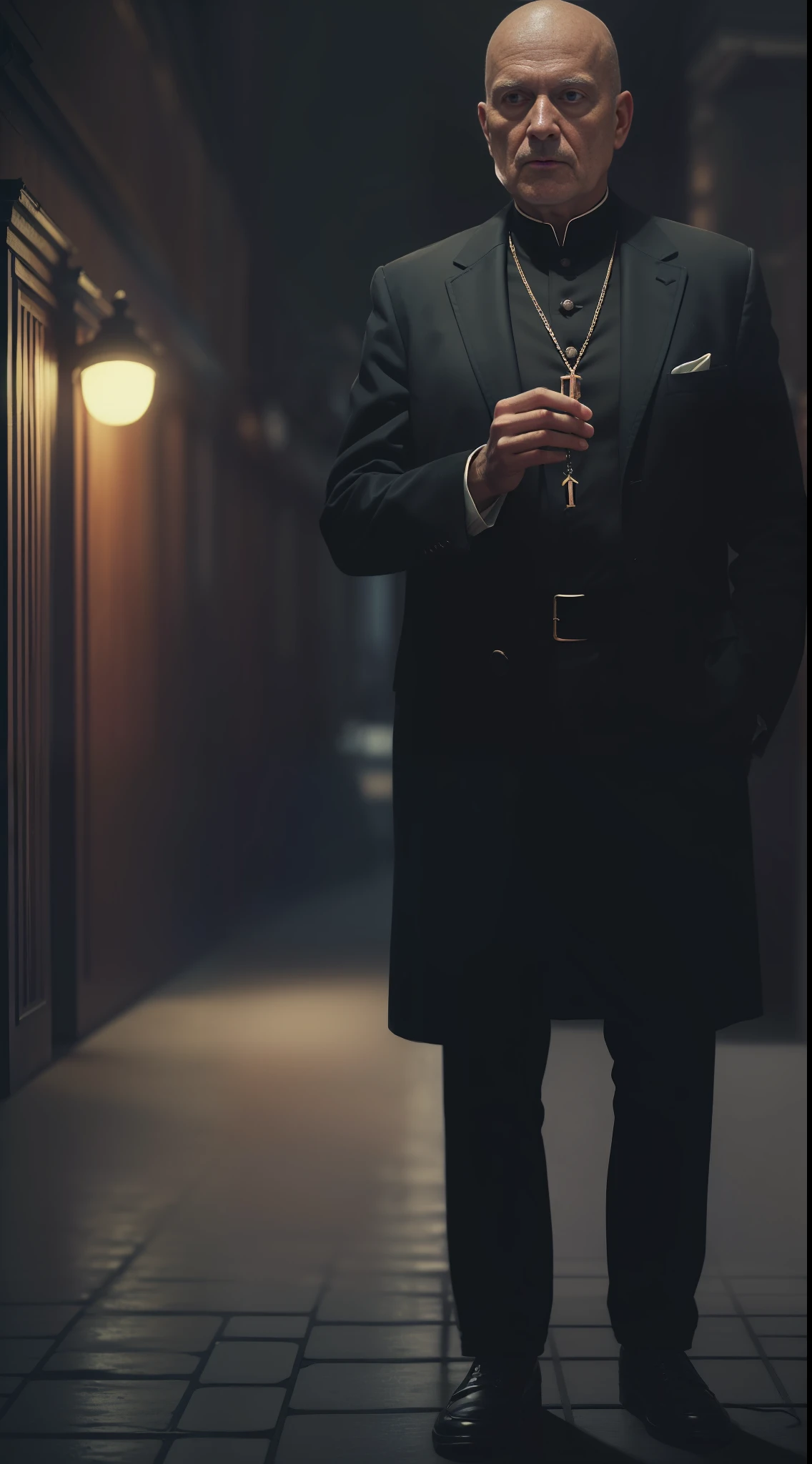 (
(Character: one italian man, 70 years old, exorcist, serious face,bald),(sfw:1.3)
(Clothing: Priest's tunic)
(Pose: full body shot:1.7, holding a wooden rosary)
(Background: dark alley at night:1.3, intense urban lights in background, black color scheme)
(Style: ((masterpiece:1.5)), (face detailed), photo-realistic:1.3, hyperrealistic, film grain, realistic lighting, backlighting:1.3)
)