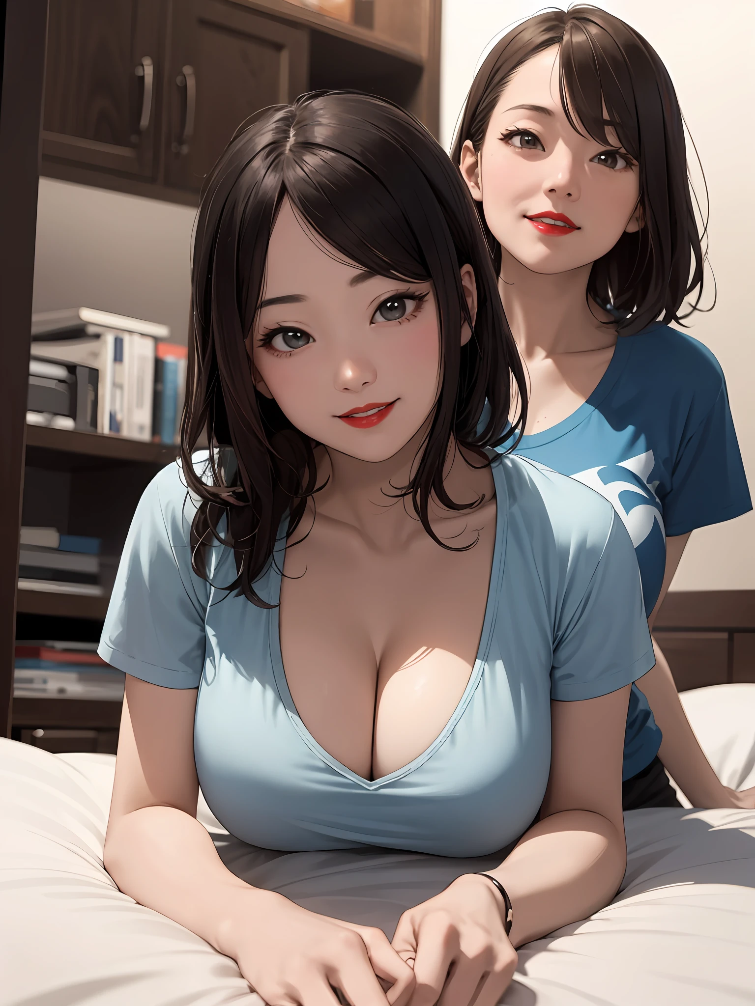 realisticlying、Two 45-year-old girls、T-shirt wearing,Face enhancement,Chest super large zoom,Cleavage emphasis,Looking up from the bottom,Smile,Blushing,Red lips,A sexy,Bed sit