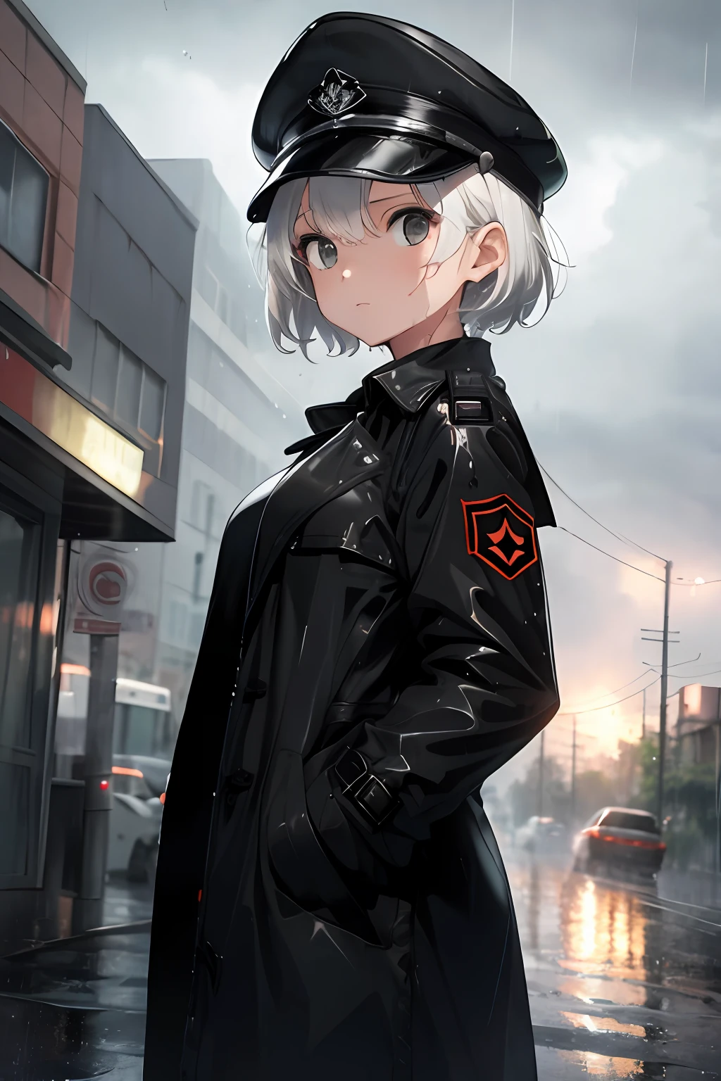 ((masterpiece, best quality)), (1girl), (solo), (female focus), (white hair, short hair, undercut), black eyes, blank stare, (black peaked cap), black military uniform, (black trench coat, long trench coat), wet clothes, (hands in pockets), (heavy rain, rainy, cloudy sky), standing,