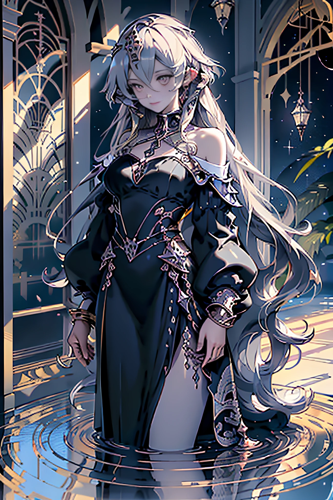 Bare shoulders, blue fire,body markings, Bracelet, breasts, Earrings, Fire, Flower, hair flower, hair adornments, Hair ribbon, jewelry, Large breasts, Long hair, Lotus, nail polish, Clothing that exposes, ribbon, star earrings, Thighs, two tone color hair, bangs, navel, In the classroom, teasing , view the viewer, classroom desk,  ((巨作)), ((Best quality)), ((Ultra-detailed)),  (intricate detailes), (illustration), (Highest quality, Amazing details:1.4)