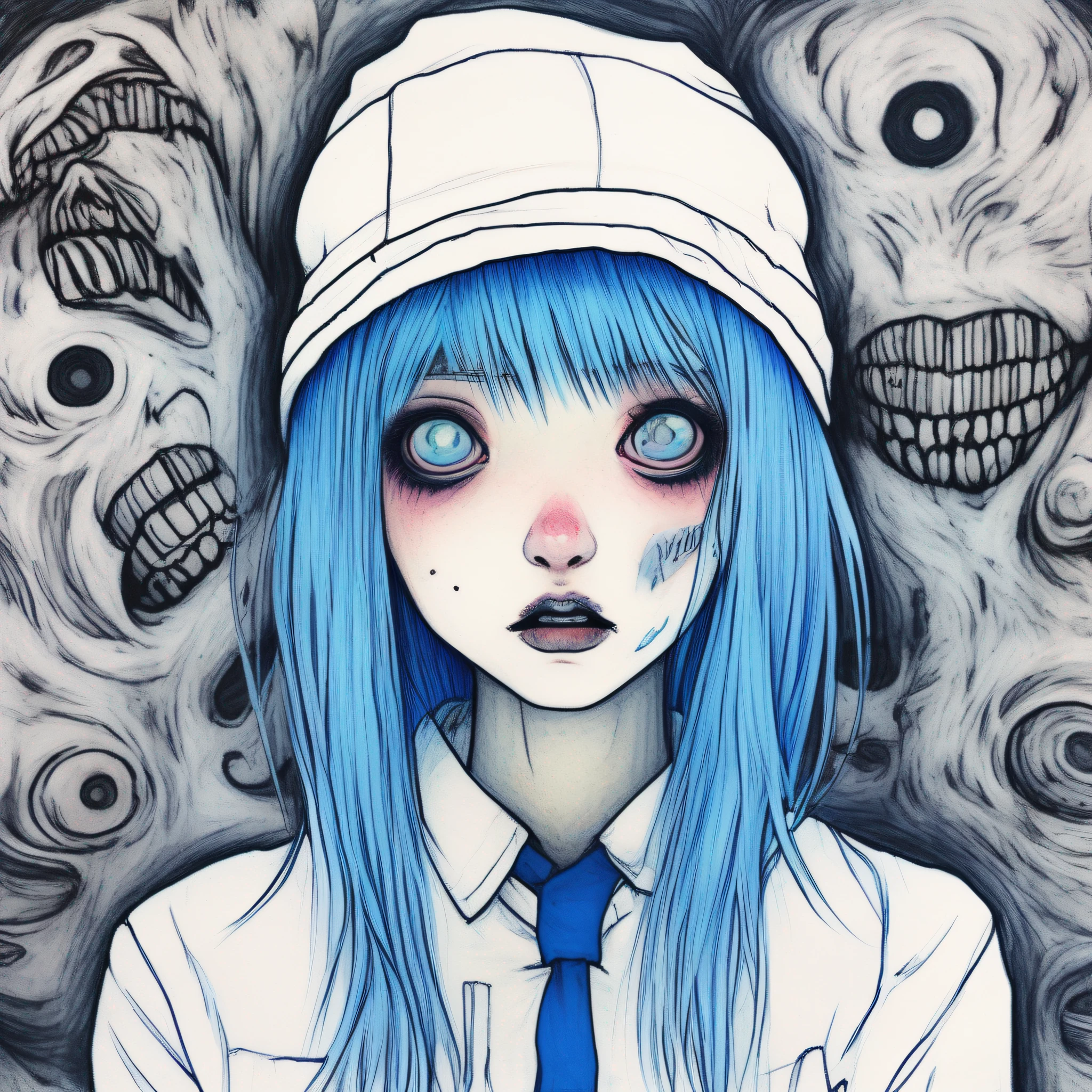 drawing of a woman with blue hair and a white hat, Anime drawing, inspired by Junji Ito, tumblr, neo-expressionism, girl with blue hair, ito junji art, colored drawing, female emo art student, shamanic horror lsd art, portrait of sadako of the ring, dark schizophrenia portrait, tall female emo art student, colored ink drawing