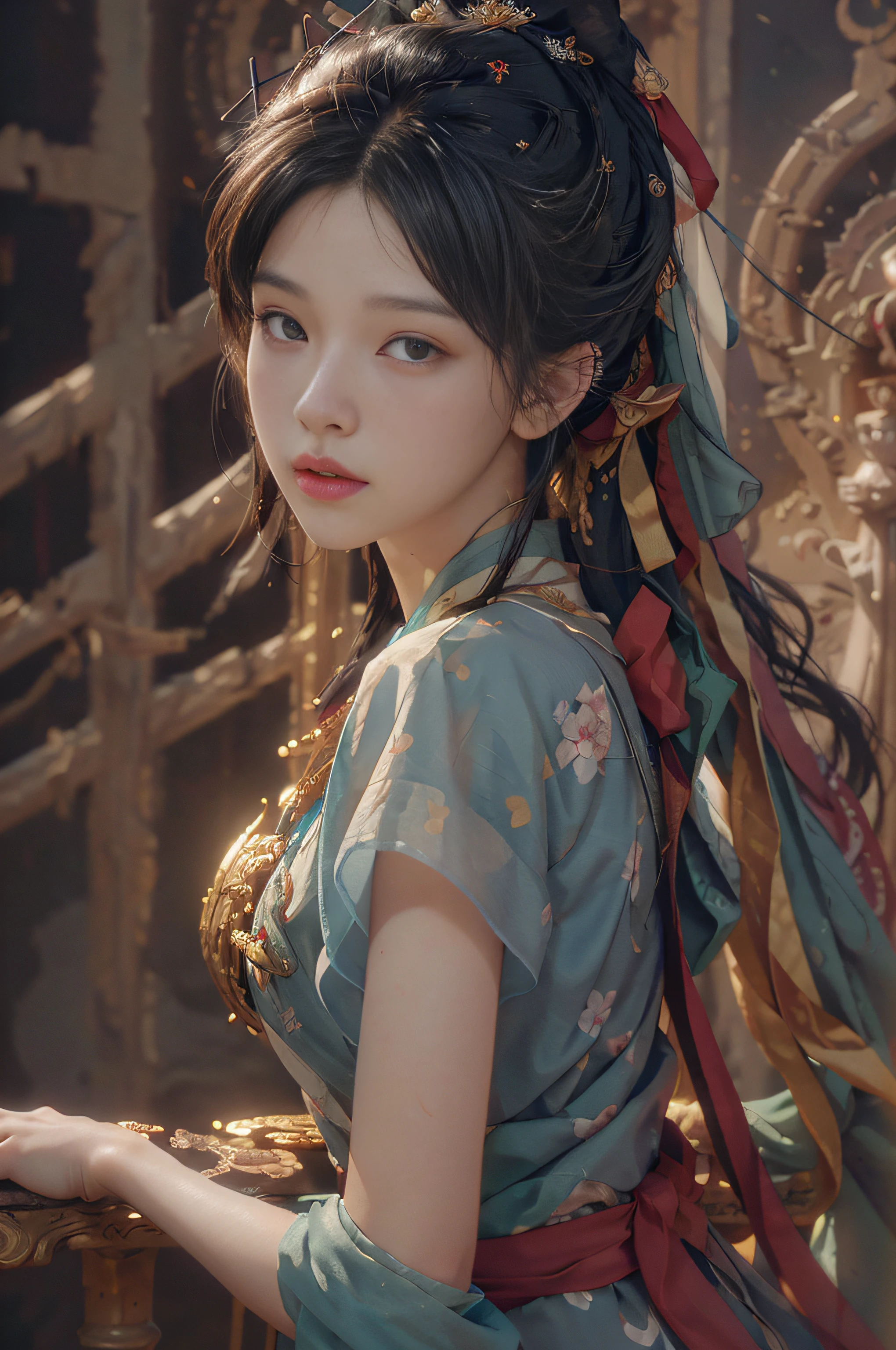 (RAW photo, best quality), (realistic, photo-realistic:1.3),best quality,highly detailed,masterpiece,ultra-detailed,illustration,1girl,upper_body,dynamic angle,world masterpiece theater,messy_long_hair,best quality,extremely detailed CG unity 8k wallpaper,ink,Amazing,cinematic lighting,lens_flare, dunhuang_style