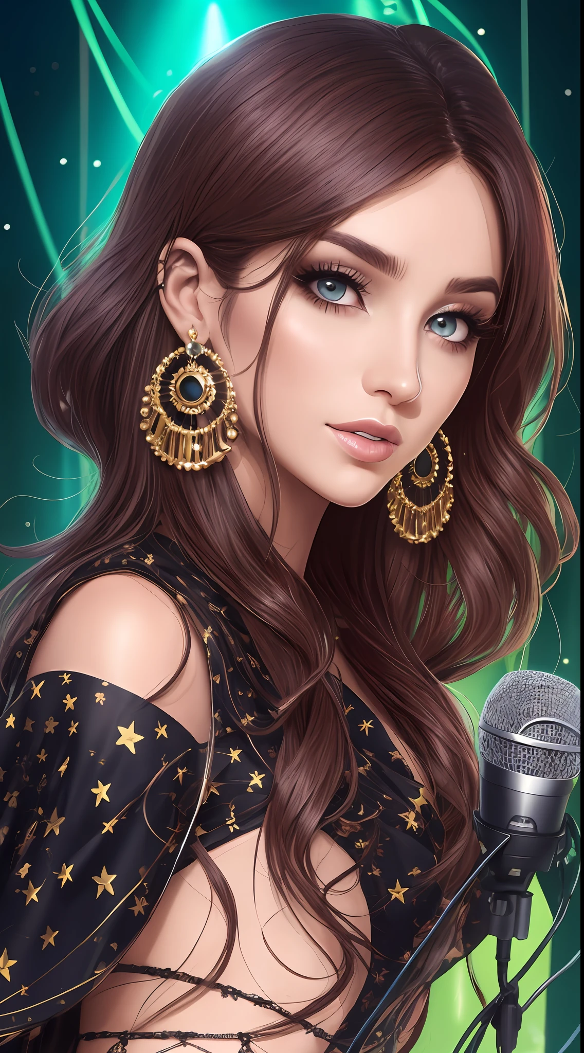 Mulher, cantora pop, garota, com microfone, glamurosa, negra, cabelos cacheados compridos, salto alto Luiz XV, moderna, roupas luxuosa, na moda, brilho e glamour