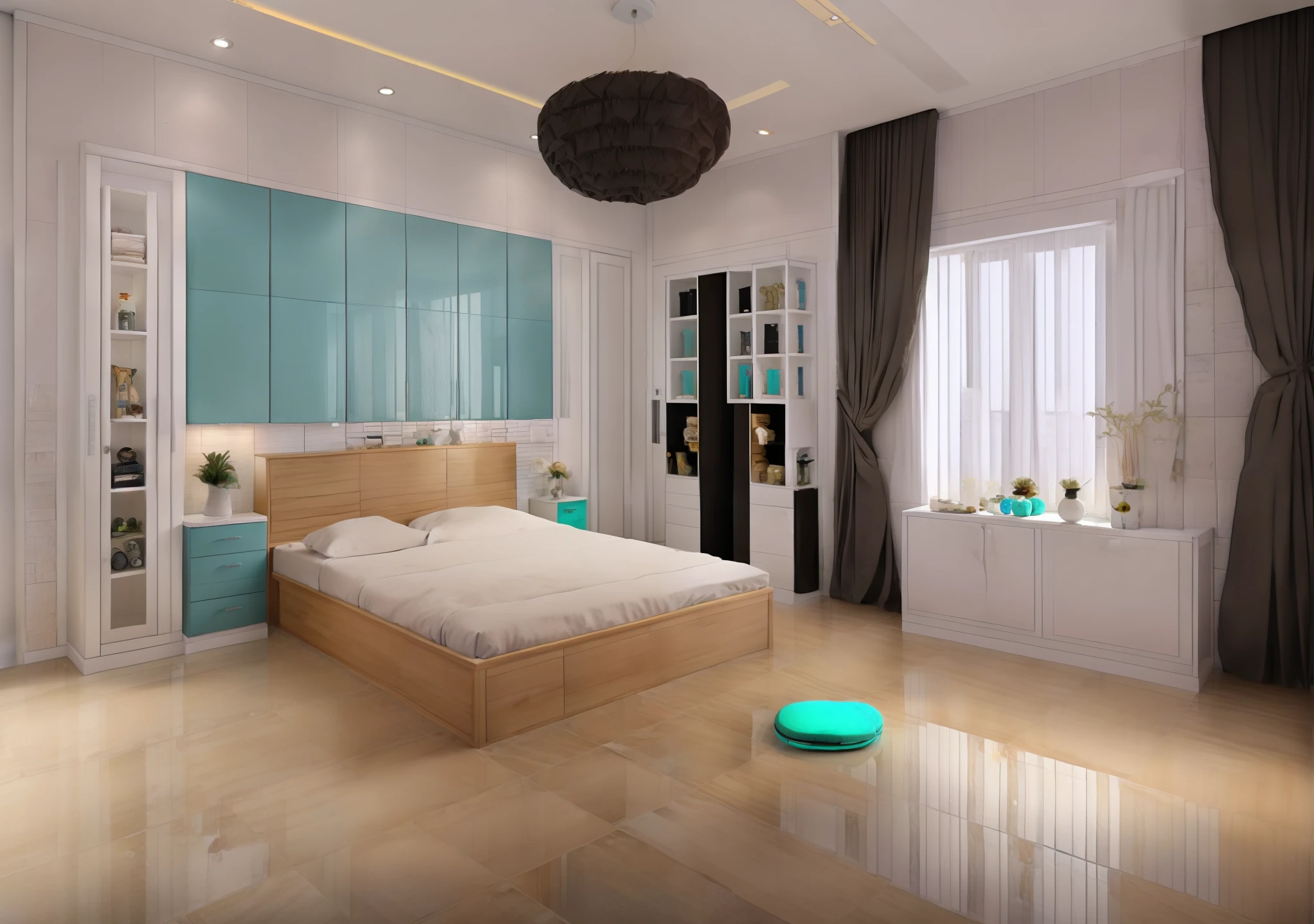 "Masterpiece, premium, best quality, authentic, super detailed, interior, bedroom, 1 brown wood grain bed, 1 mirror, 1 wardrobe gray body white cabinet door, curtains turquoise fabric, black-rimmed windows, (white ceramic tile floor:1.5), gray carpet, modern style."