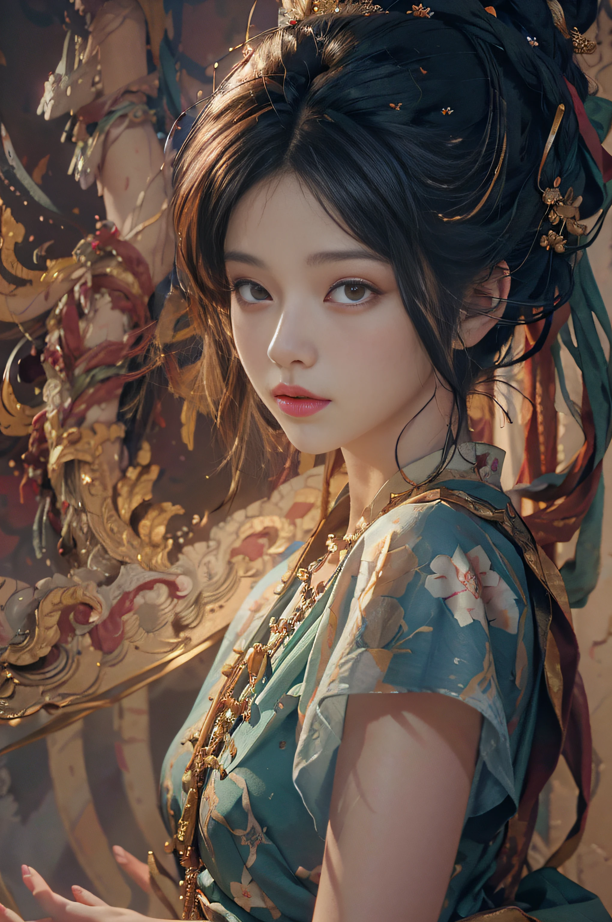 (RAW photo, best quality), (realistic, photo-realistic:1.3),best quality,highly detailed,masterpiece,ultra-detailed,illustration,1girl,upper_body,dynamic angle,world masterpiece theater,messy_long_hair,best quality,extremely detailed CG unity 8k wallpaper,ink,Amazing,cinematic lighting,lens_flare, dunhuang_style