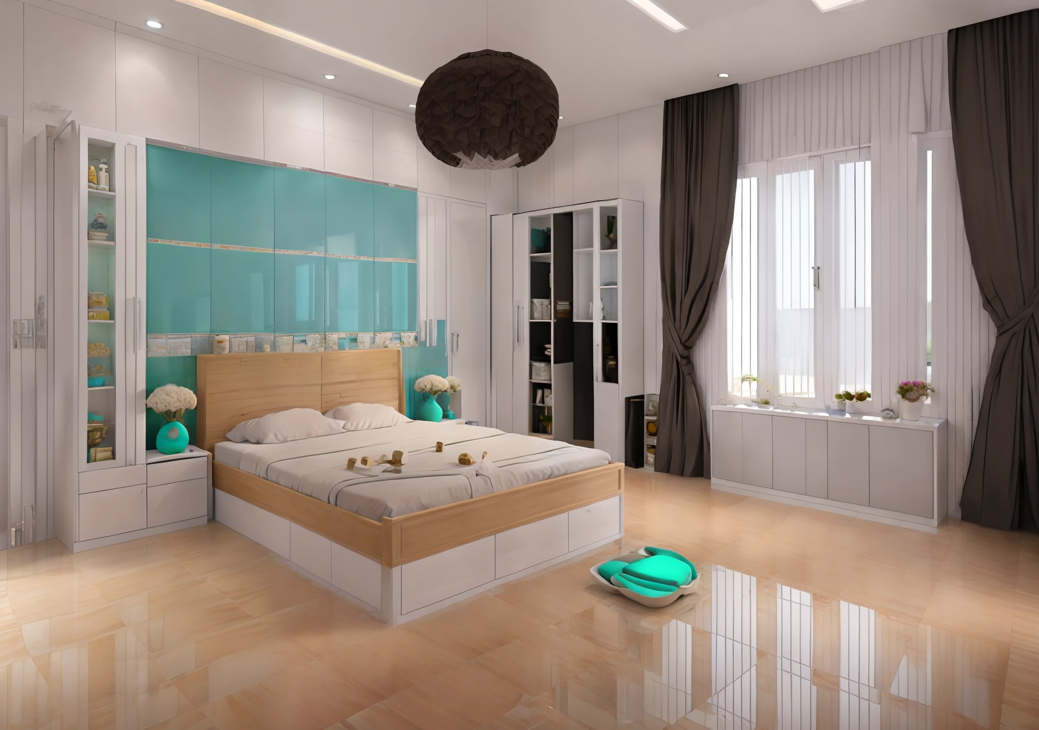 "Masterpiece, premium, best quality, authentic, super detailed, interior, bedroom, 1 brown wood grain bed, 1 mirror, 1 wardrobe gray body white cabinet door, curtains turquoise fabric, black-rimmed windows, (white ceramic tile floor:1.5), gray carpet, modern style."