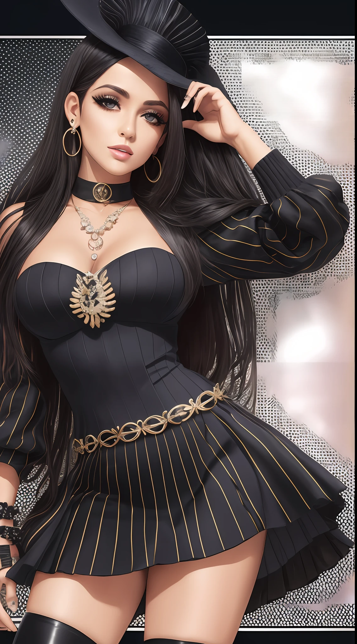 Mulher, cantora pop, garota, com microfone, glamurosa, negra, cabelos cacheados compridos, salto alto Luiz XV, corpo inteiro, moderna, roupas luxuosa, na moda, brilho e glamour