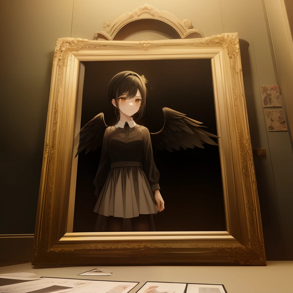 Angels shimmering yellow in dark corners,15-year-old girl,Black wings,Mysterious and cold,comic strip,a sense of atmosphere,picture frames,Cards