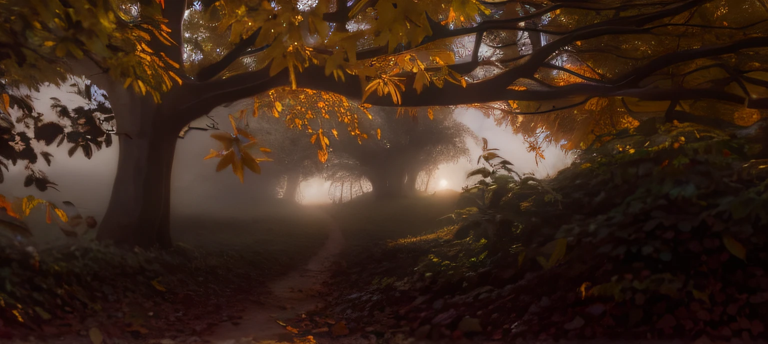 there is a tree that is standing in the middle of a field, luz de outono, foggy volumetric light morning, melancholy autumn light, Luz Natural Canon EOS C 3 0 0, still from a nature documentary, luz solar suave do outono, luzes de outono, Nascer do Sol do Outono Luz Quente, Luz matinal 8K HDR, a mystical misty glow, magical leafs falling, Luzes do sol de outono, a beautiful couple kissing far away, The Man Has Black Wings of a Crow and Has Dark Short Hair and the girl has long golden brown hair and is wearing an elven dress, The man is wearing a king's robe
