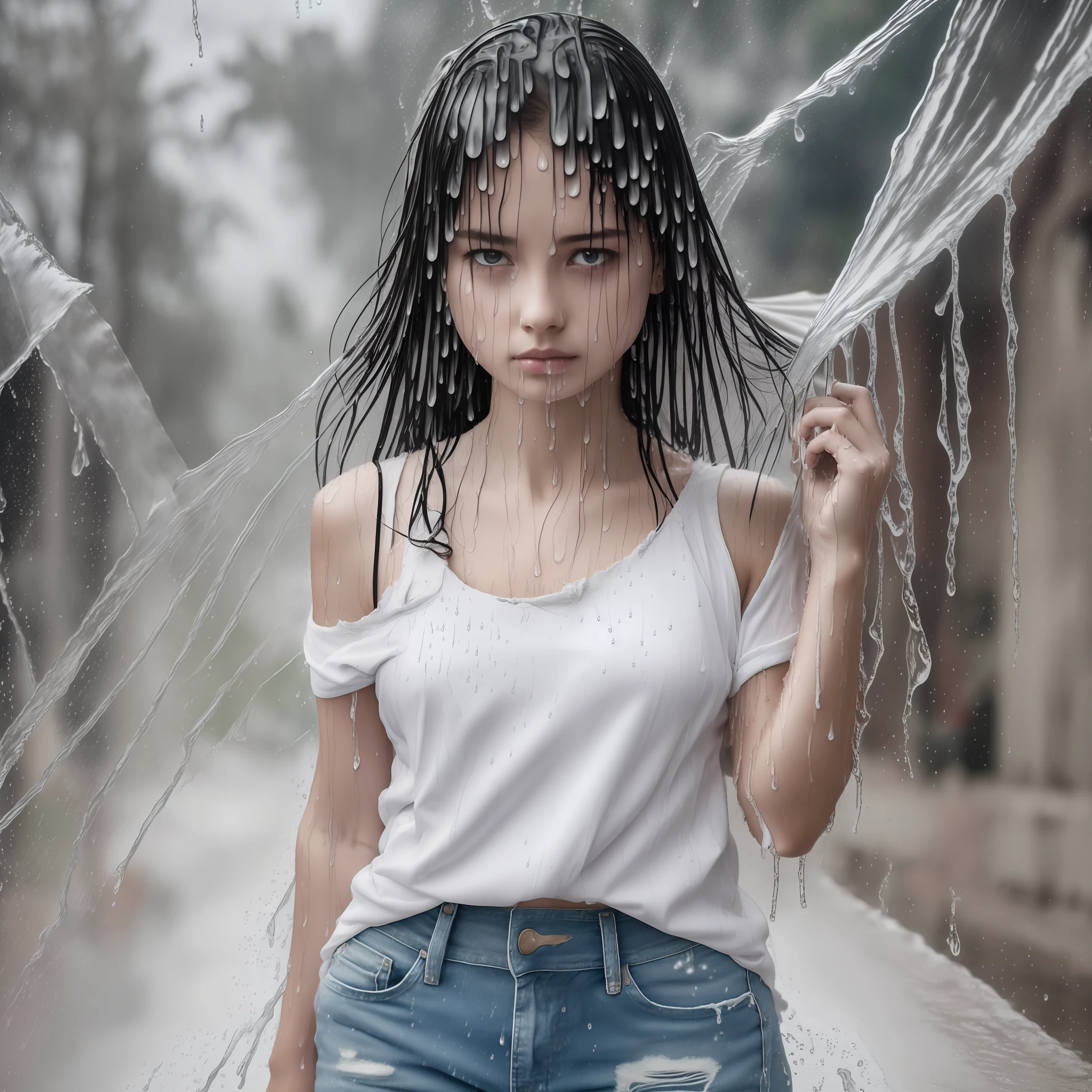 best image quality, masterpiece, super high resolution, (fidelity:1.4), photo, 1 girl, white shirt, torn jeans, white sneakers, dim, darkness, despair, pity, poor, movie, tears, teardrops, (torn clothes:1.5), (wet clothes:1.4), bare shoulders, real rain, wet hair,.. --auto --s2