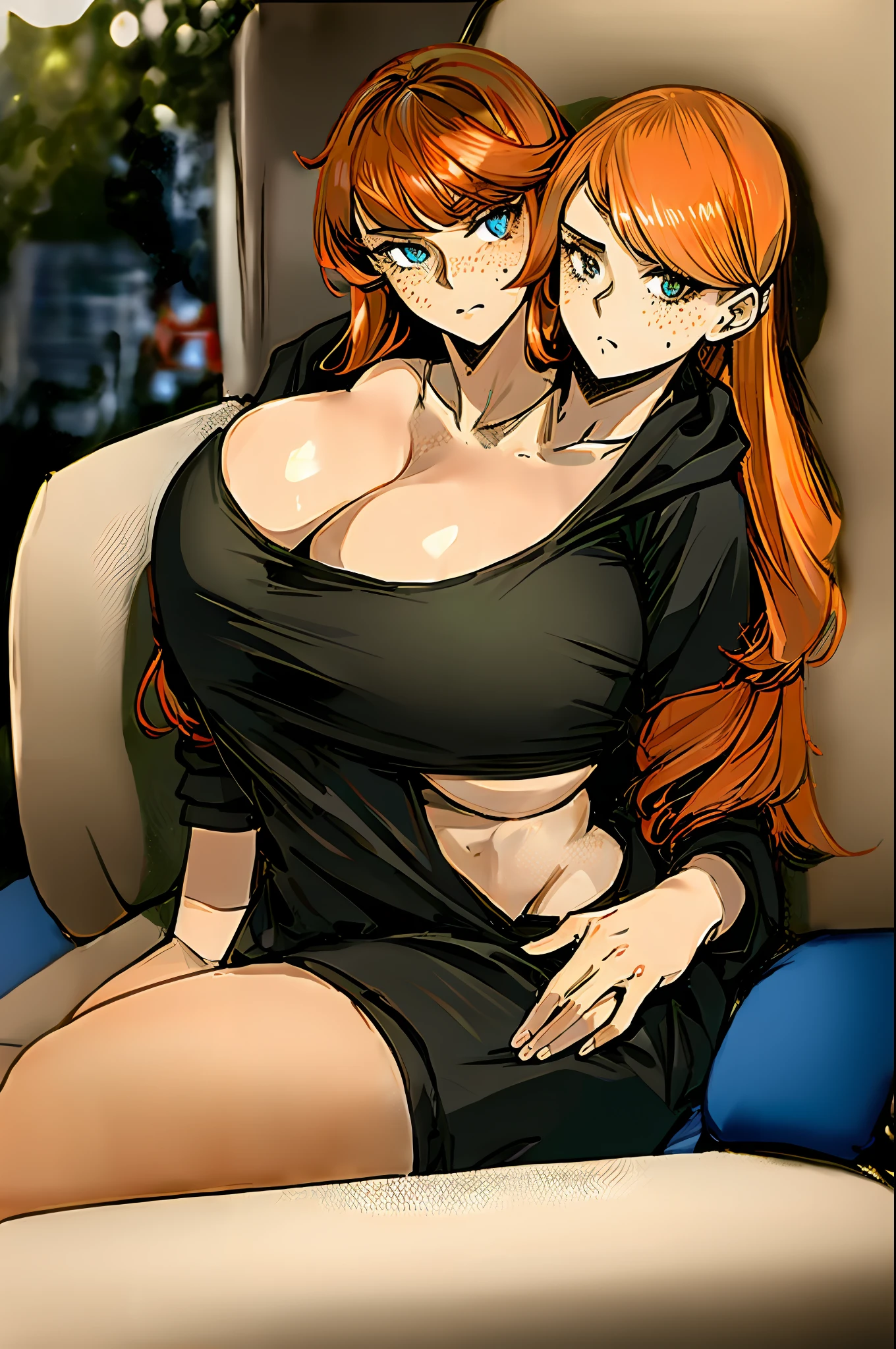 2heads, a short chubby woman with 2 heads. Her breasts are enormous. She is wearing a hoodie and sweatpants. She is pouting. She has messy long orange hair. She has freckles. Her breasts are massive. She is sitting on a couch. Huge boobs.