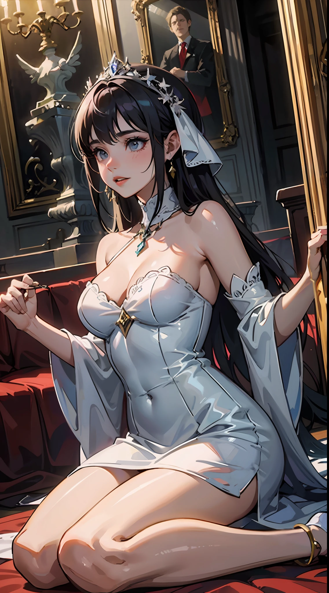 baseado no jogo Dungeon Siege 3, casamento de Catherine com Jeyne Kassynder, ((2 mulheres se beijando no altar)), ambas usam vestido de noiva sexy branco com grande decotes, obra-prima, melhor qualidade, 8k, Altas, dynamic picture, foco nas 2 noivas, prestes a serem defloradas uma pela outra, na sala real de um castelo, yuri, ecchi,