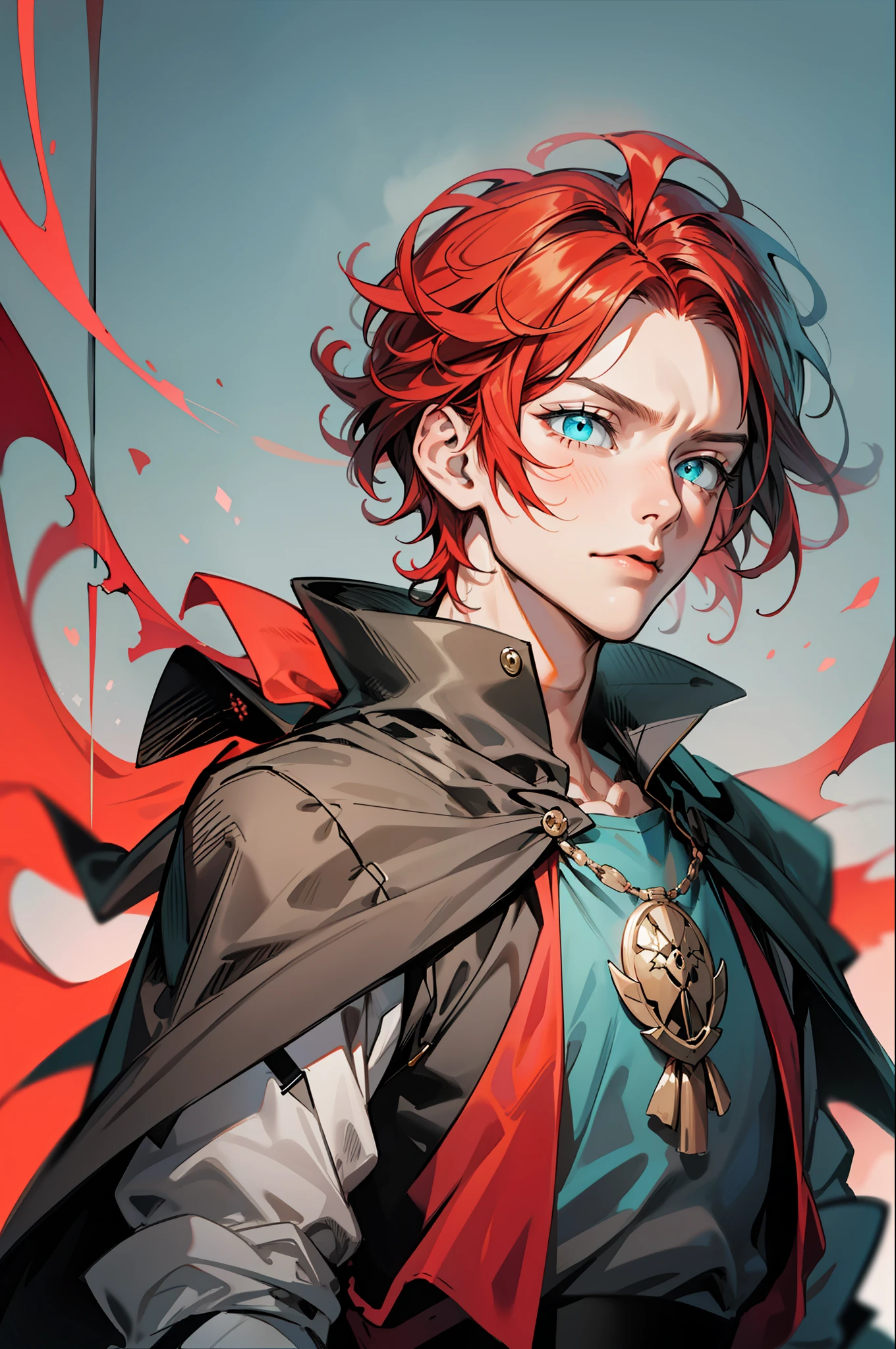 a masterpiece of, 1boy, red hair, longye hair, Combed hair, Cyan eyes, melancholic, goods maga, Dark Robe, middle ages, Simple background