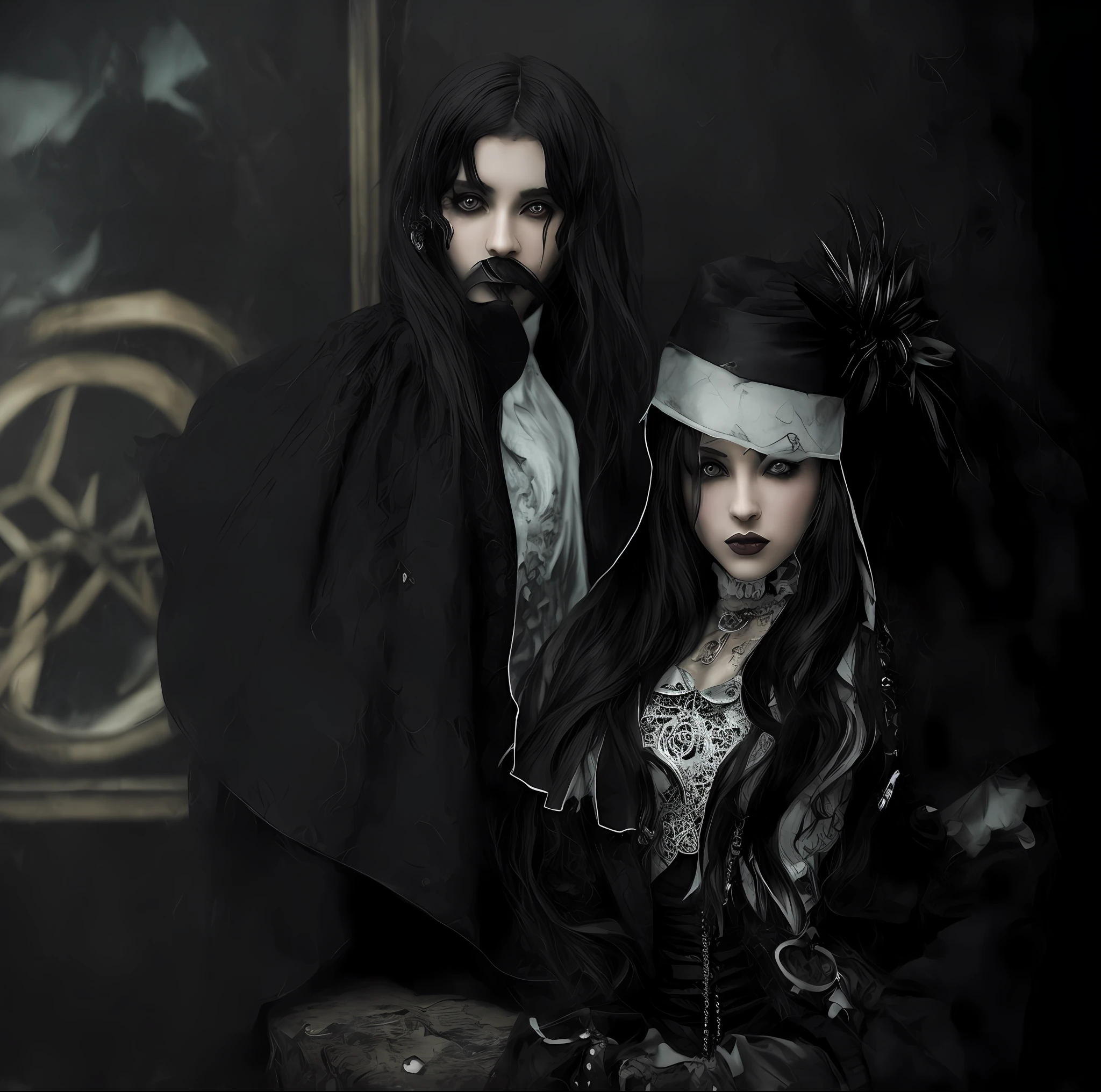 Araffe e uma mulher vestida em preto e branco posam para uma foto, grungy gothic, estilo sensual sombrio, gothic harts, gothic romance, gothic regal and tattered black, dark and gothic, IMVU, inspirado por Rudolf von Alt, gothic horror vibes, chaos nightmare ❄️ amour, inspirado em Samuel Hieronymus Grimm, Vinheta pesada!, gothic regal, (RAW foto: 1.2), (fotorrealista: 1.4), (detalhes intrincados: 1.2), (obra-prima: 1.3), (melhor qualidade: 1.4), (ultra highres: 1.2), cinema light, ultra alta realista, (olhos detalhados), (detailedfacialfeatures), (detailed features of the outfit),HDR, 8k resolution, (extremely detailed illustration), (extremely detailed illustration), retrato de corpo inteiro, lente de 50mm, abertura f/4, (super detalhe), 8mm film grain