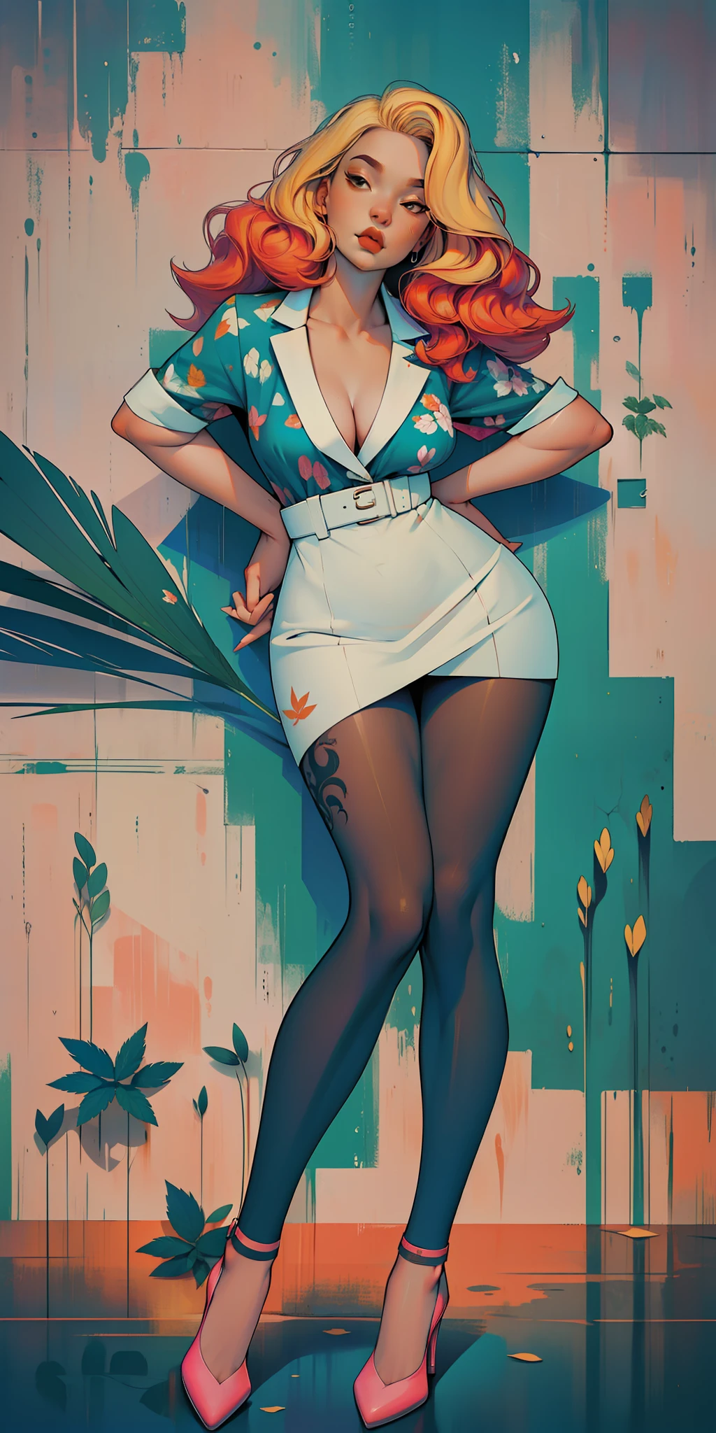 portrait of a girl, near, up close,Background, in a chic expensive interior, multicolored pink hair, mixed-language_SMS, graffiti, (beautiful and clear background:1.2),, fantastic paintings ,graffit style, highly detail eyes , blond girl, cannabis print, marijuana tattoo, Loving, Love, ultra detail hair, Masterpiece, Best Quality, highly quality, A high resolution, detail enhancement, ((most beautiful image in the world)), Masterpiece, Best Quality, highly quality, A high resolution, detail enhancement, ((most beautiful image ), Shiny red wavy hair, Ultra Chic Transparent Clothing, Erotica, highheels, tights in a mesh Artist Stepan Seich, art by j scott campbell, Artist Guillem March, art by citemer liu, 4k, High Resolution, comic book character, comic, high quality detailed, style of ::2.0 comix illustration style,tatoon style, highly quality, A high resolution, detail enhancement, 8K, HD, Best Quality, highly quality, A high resolution, detail enhancement, 8K, HDR, sharp-focus, Ultra Detailed, perfect lighting, Curvy Body, Lush breasts, Curvy hips