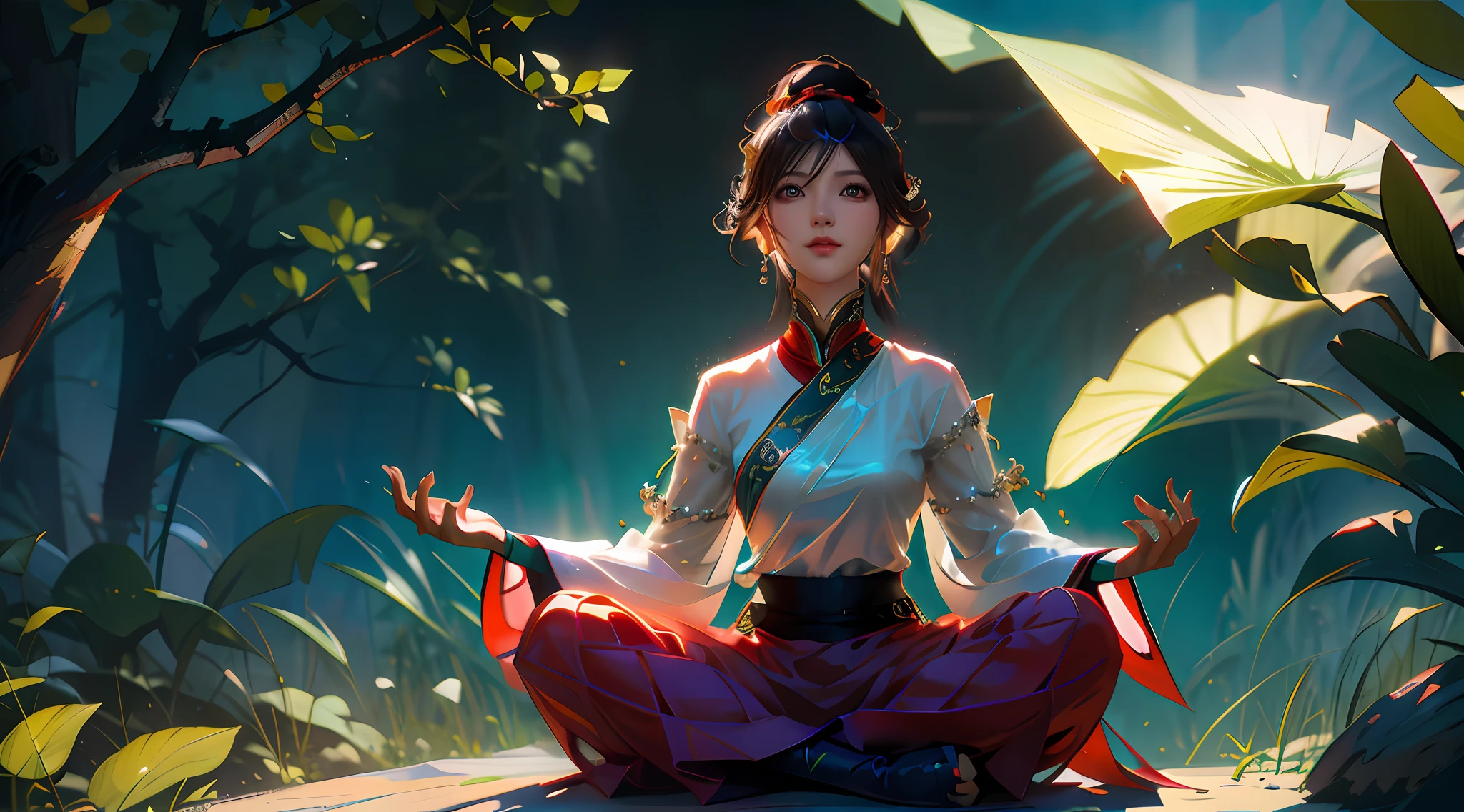 there is a woman sitting in a lotus position in the middle of a jungle, Arte no estilo de Guweiz, Artgerm e Atey Ghailan, Ross Tran 8 K, rossdraws global illumination, Chengwei Pan em ArtStation, Guweiz em ArtStation Pixiv, Atey Ghailan 8 K, bela arte digital