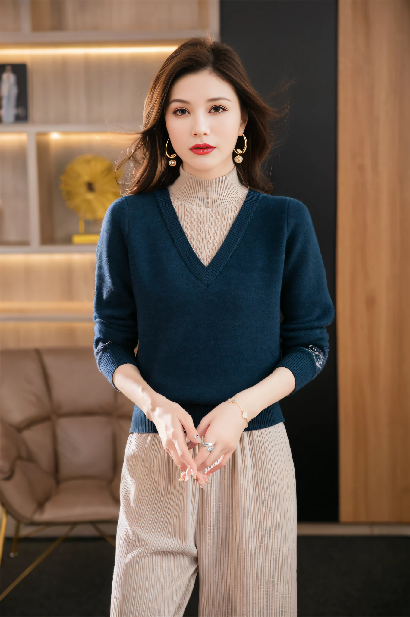 8K, Thirty Years Female, Temperament, Delicate Skin, Highly Detailed, Digital Photography, Surrealist Painting, Beautiful (Masterpiece, Side Light, Fine Beautiful Eyes: 1.2), Pretty, High Quality, Original Painting, Realistic Skin Details, Long Black Hair, Natural Light and Shadow, Clear Focus, Ultra Fine Face, Photo Realistic, Standing, High Detail, Cinematic Lighting, Ultra HD, Anatomically Correct, Best Quality, Fashion Clothing, Official Product Pictures, Product Introduction Photos,