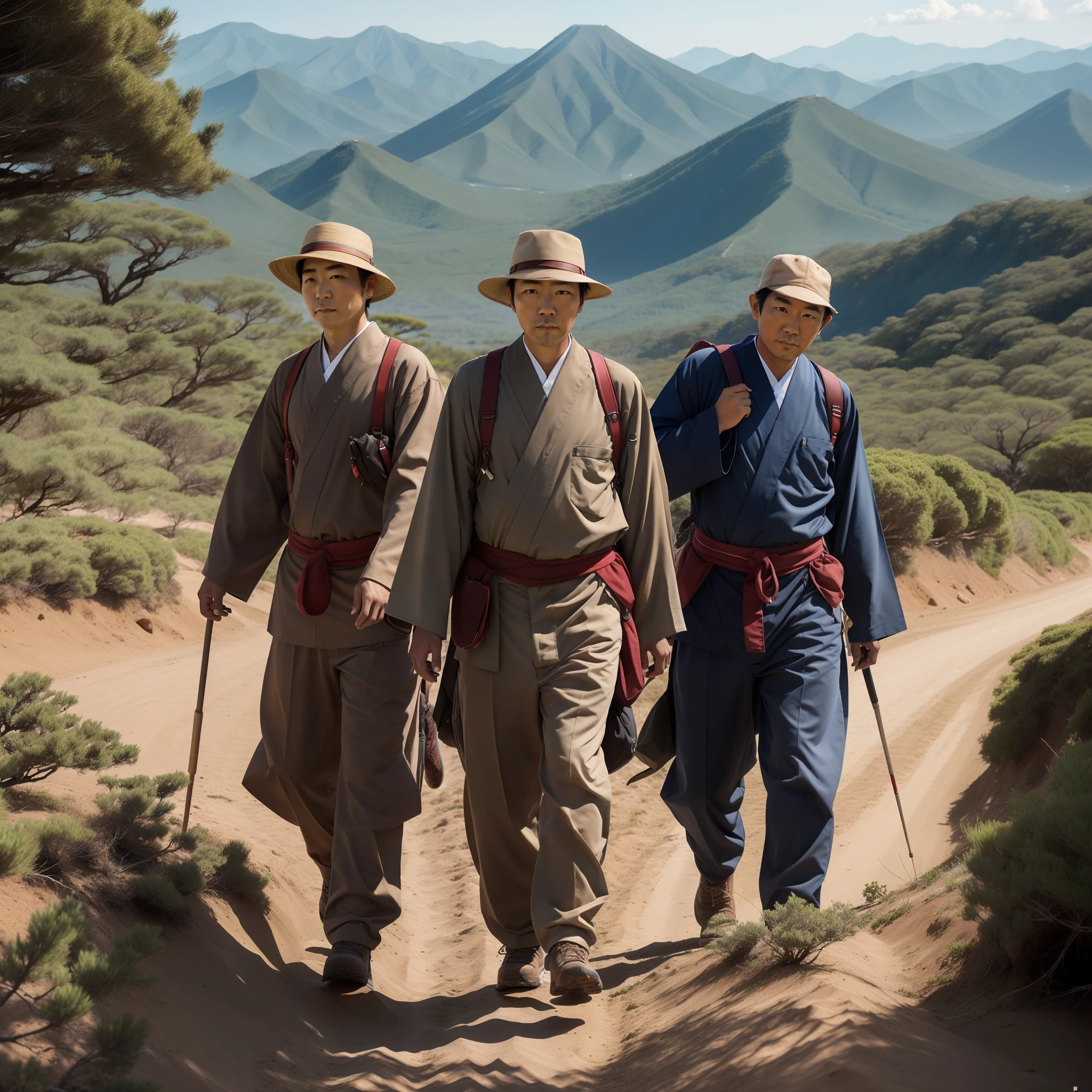 Three Japanese men, caminhado em uma montanha alta