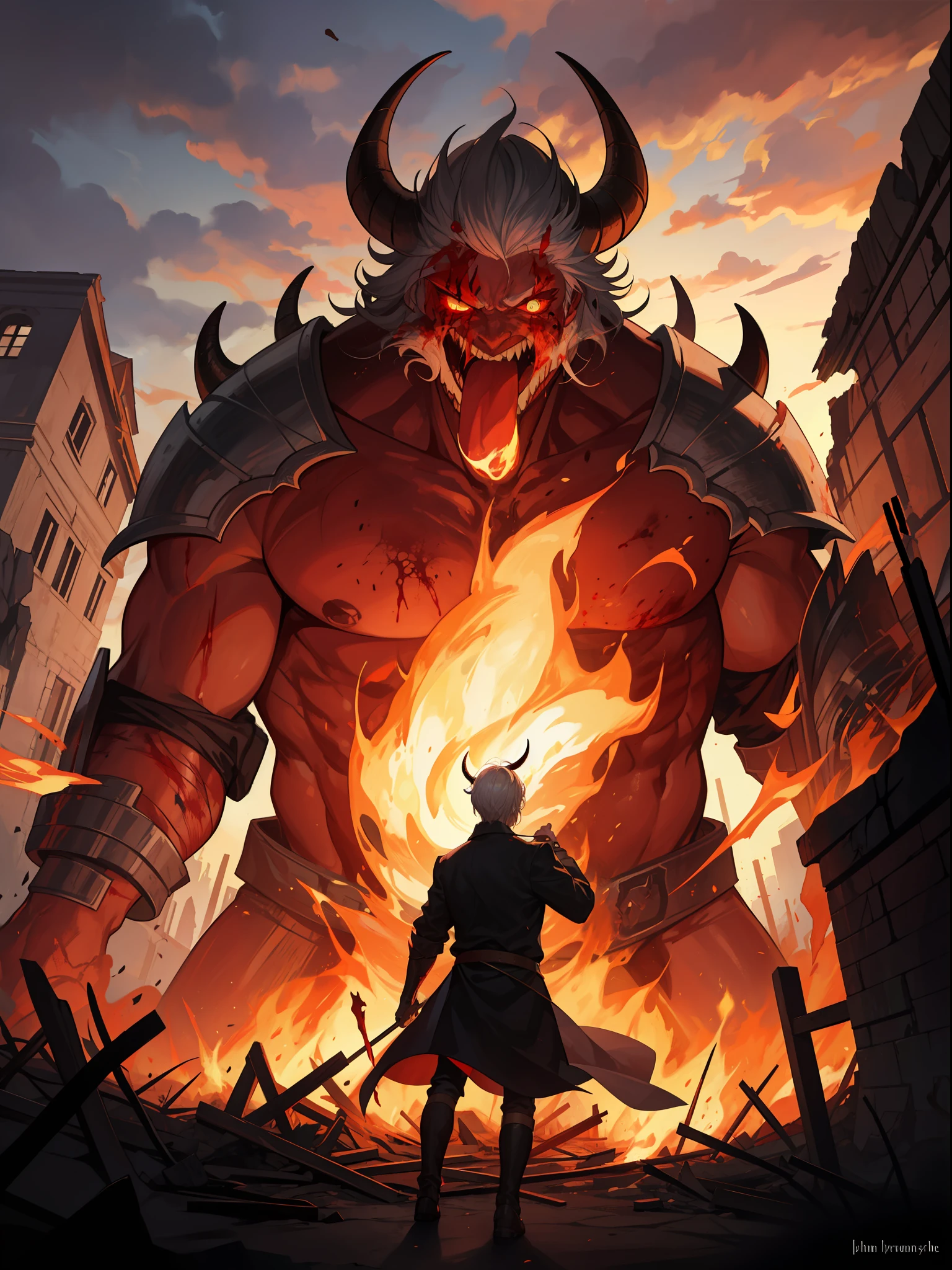 In the ruins of a medieval village, an epic scene where a young white-haired boy is bruised and bleeding, he uses a fire magic to face a colossal demon monster with dark skin, huge horns and with remains of bodies and blood gushing from its mouth