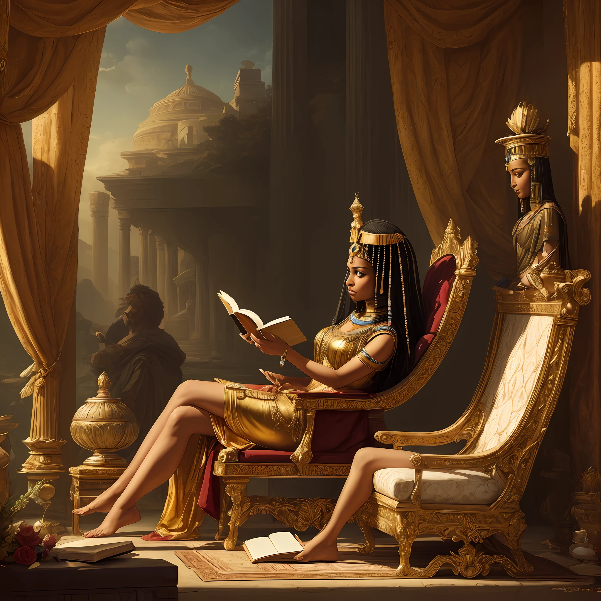 Cleopatra reading book on her throne hyperrealistic image --auto