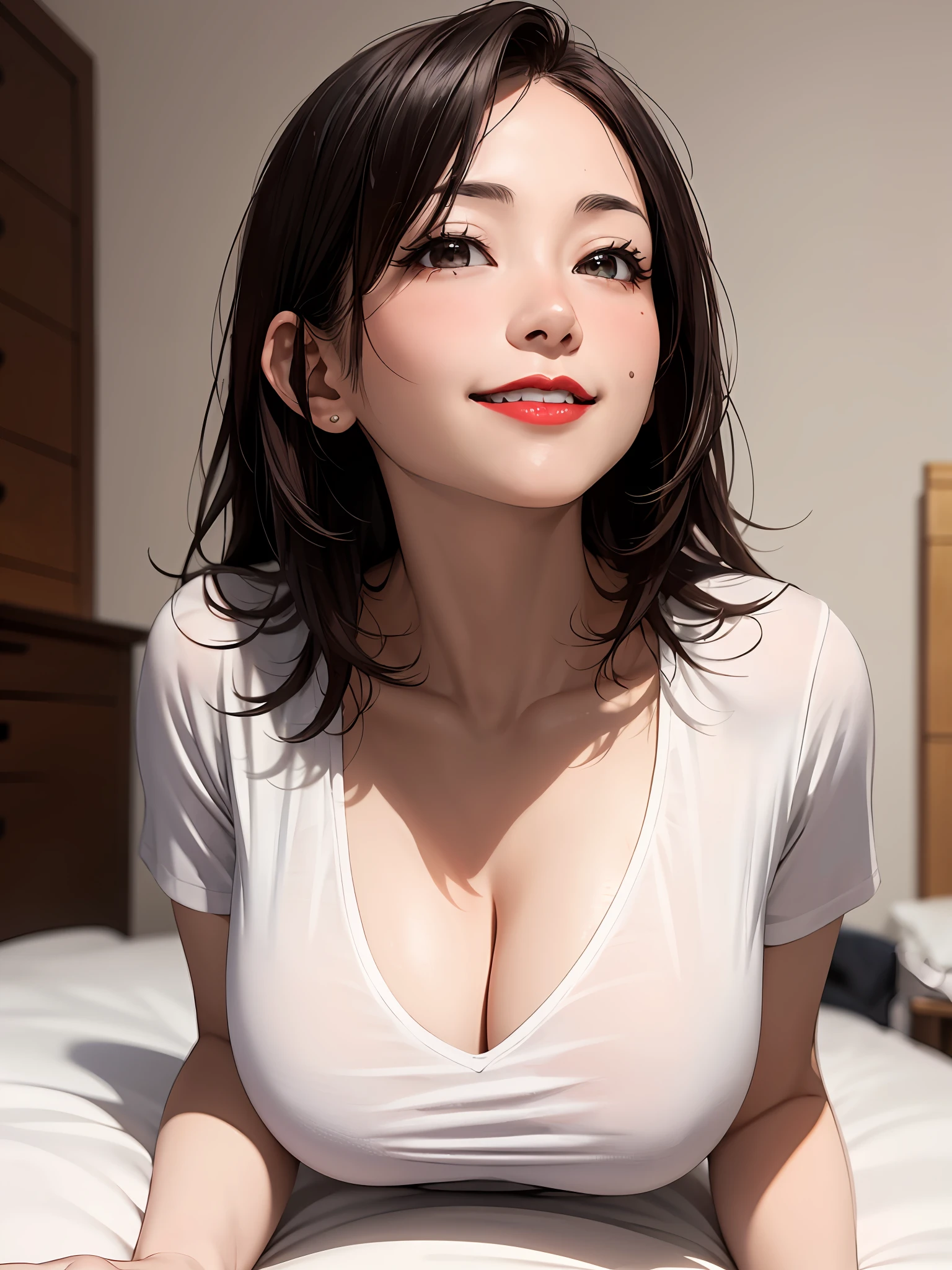 realisticlying、45-year-old girl、teats、T-shirt wearing,Face enhancement,Chest super large zoom,Cleavage emphasis,Looking up from the bottom,Smile,Blushing,Red lips,A sexy,Bed sit