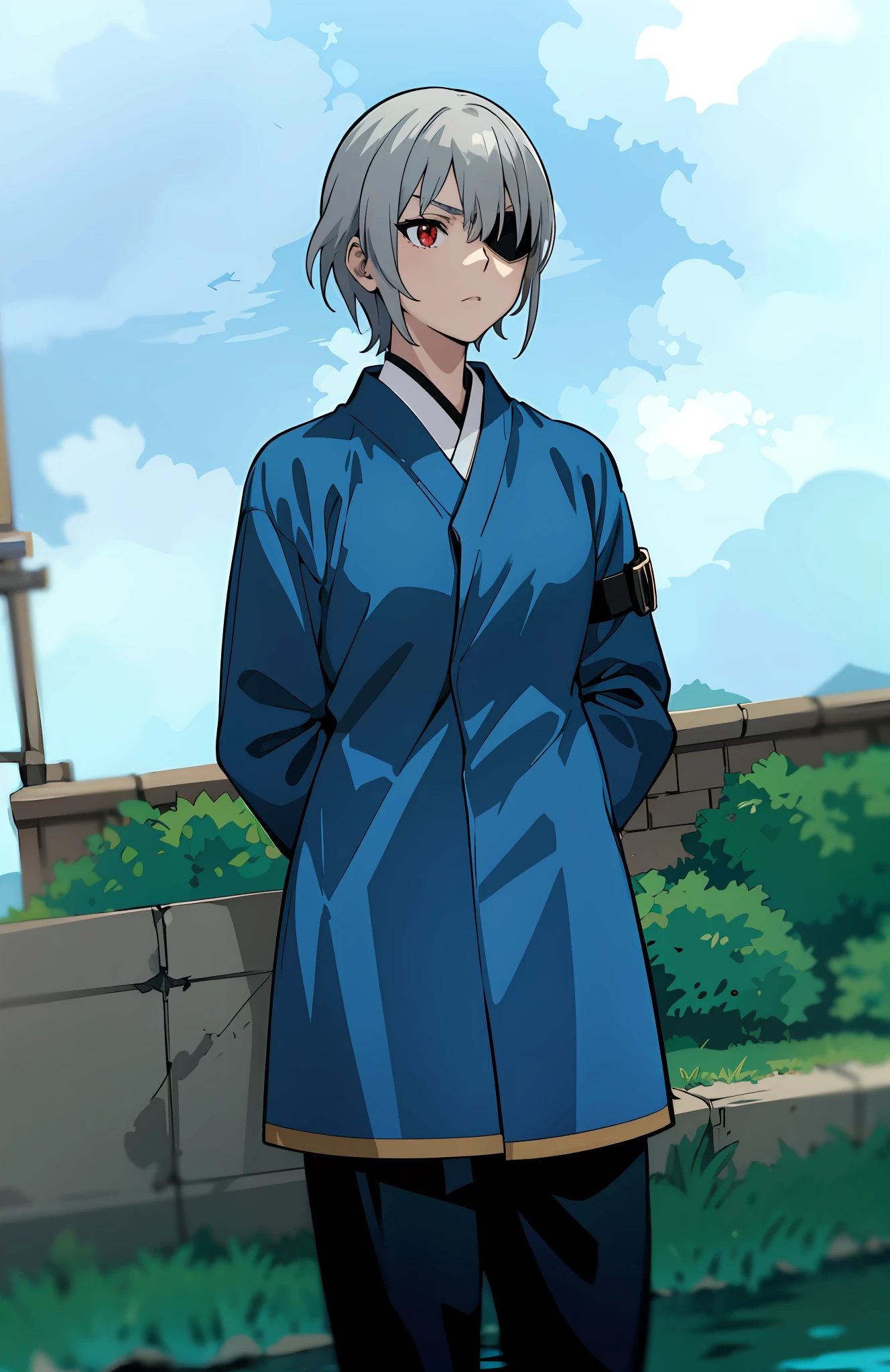 Female (woman (Fujin)), silver hair, spiky hair, eyepatch, red eyes, serious, A close-up of a person in a game, Grey-haired anime character standing in front of a river, Fubuki, uniforme bleu, Porter une robe bleue, wearing a blue robe, Anime Mode Artstyle, Tsukasa Dokite, as an anime character, Shinkai Makoto, Uniforme JK, Femin's anime character, Robe bleue, anime character, okata kazuto, Personnage de style anime . (Masterpiece : 1,8), 64k quality, final fantasy artwork concept, detailed manga eyes, detailed hair, detailed clothes, detailed body, cleaner designs, detailed face pronounced, shiny objects like jewels, see creases on clothes, more coherent clothing, more rounded eyes transparent liquid globular, more colors, more coherent clothing , correct the features of the clothes, better eyes contour, better shoulders, really colorful, coarser line, black line, finishing . (coarser line) (black line) (homogeneous rendering: 1.3)