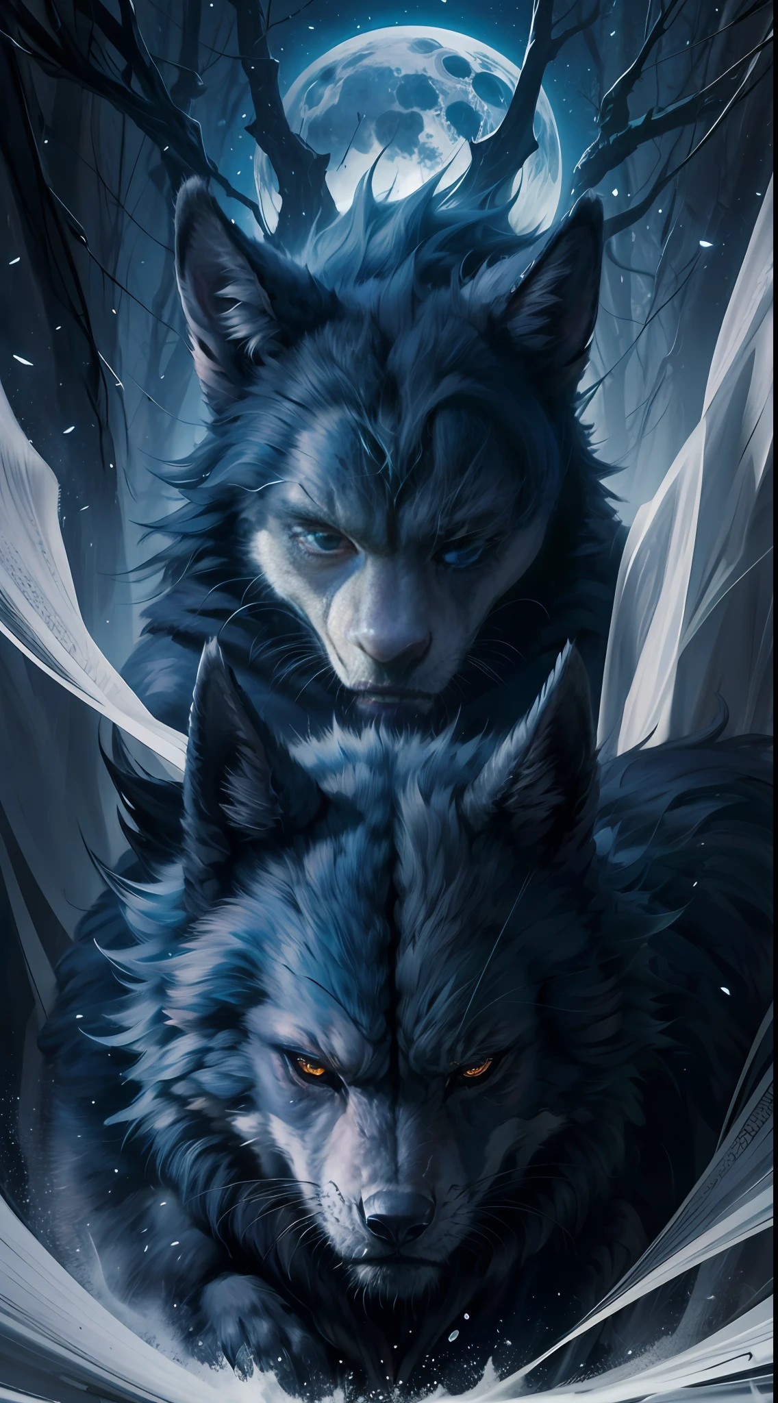 Lobo de cor negra "olhos vermelhos", feroz, Hunting, floresta perigosa, lua da meia noite ( Detailed high-resolution image), 1 lobo raivoso, destemido. Uivando, grande porte, poderoso, neblinas ao redor deles