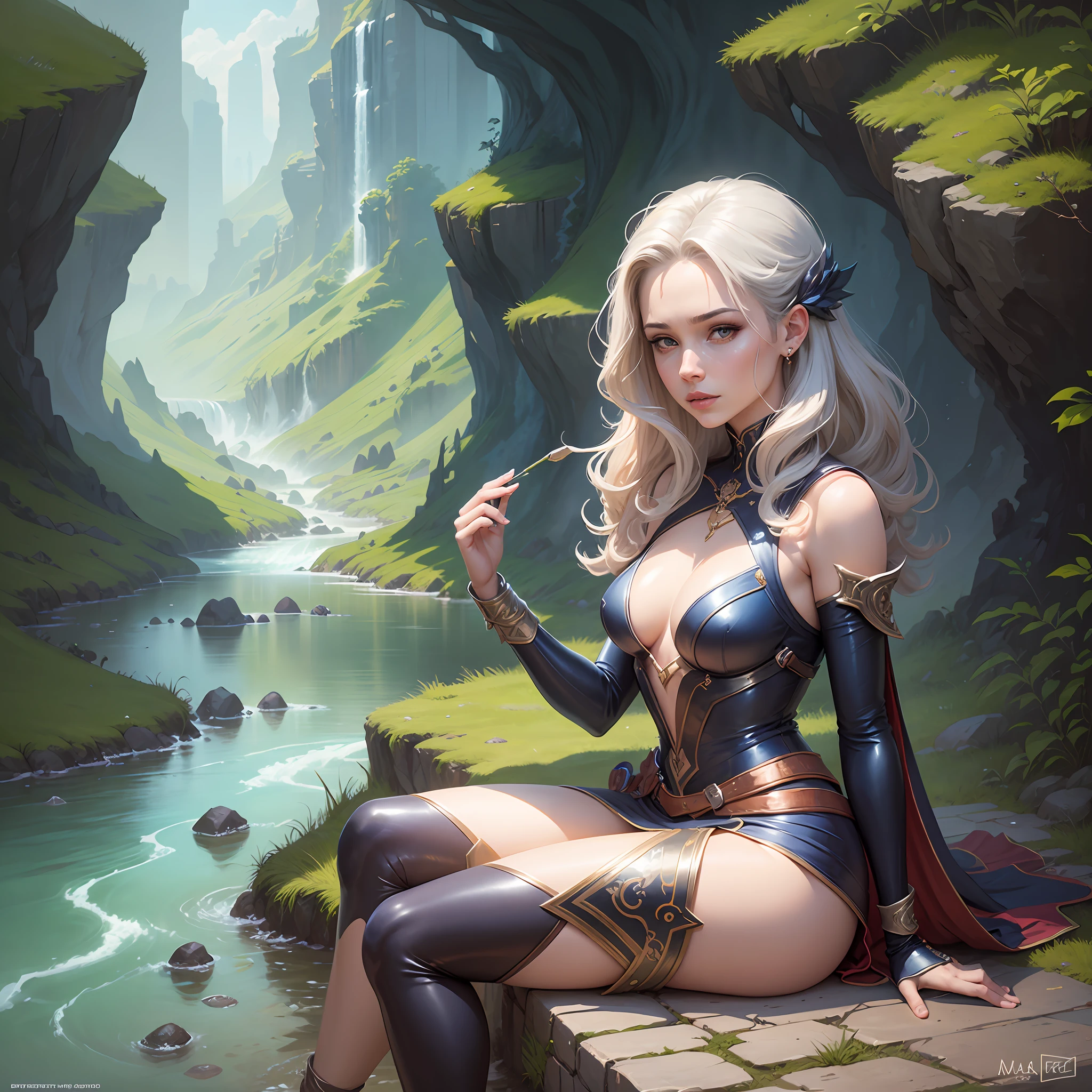 painting of a woman sitting on a ledge by a river, stylized urban fantasy artwork, graphic artist magali villeneuve, fantasy genre portrait, inspired by Magali Villeneuve, beautiful character painting, rpg book portrait, beautiful fantasy art, epic fantasy art portrait, realistic fantasy painting, andreas rocha style, beautiful digital artwork, fantasy book illustration, very beautiful fantasy art --auto --s2
