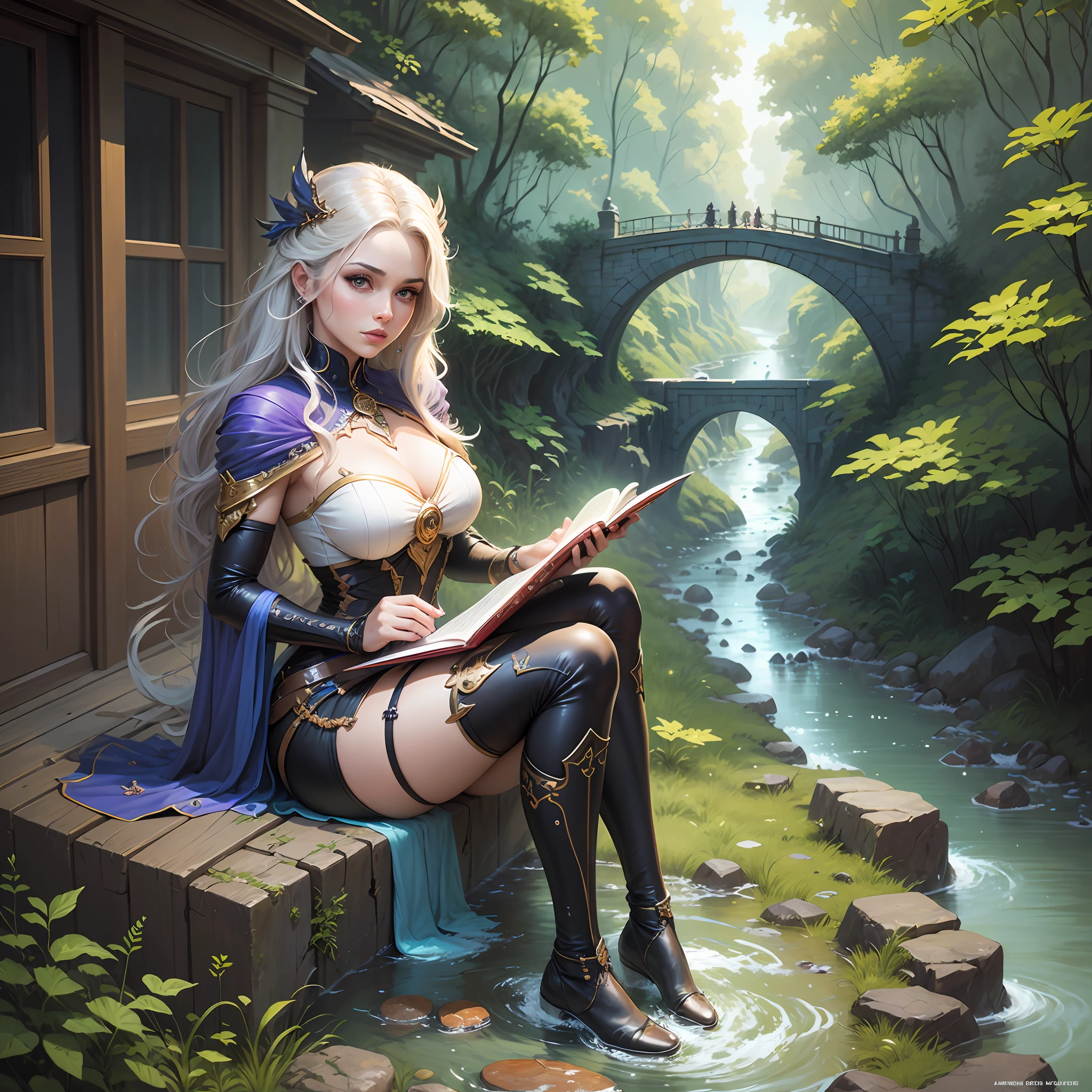 painting of a woman sitting on a ledge by a river, stylized urban fantasy artwork, graphic artist magali villeneuve, fantasy genre portrait, inspired by Magali Villeneuve, beautiful character painting, rpg book portrait, beautiful fantasy art, epic fantasy art portrait, realistic fantasy painting, andreas rocha style, beautiful digital artwork, fantasy book illustration, very beautiful fantasy art --auto --s2