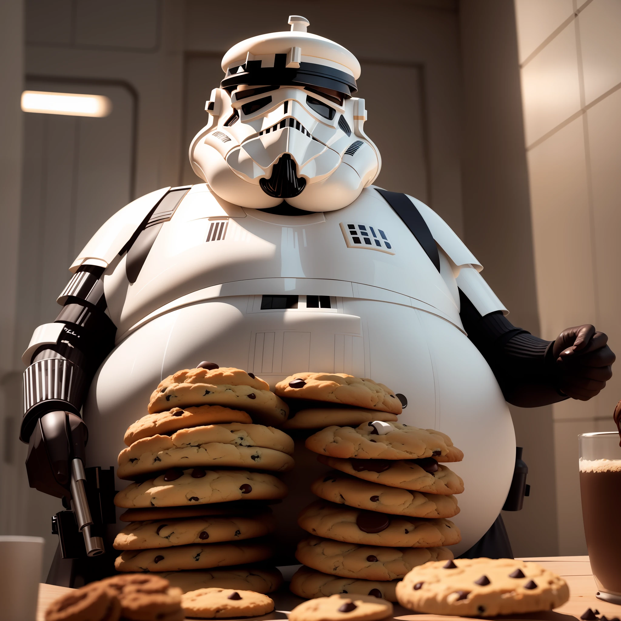 Plan moyen, Stormtrooper with white French cook hat, biscuit, casque, armure, (obese:1.5).holding a chocolate chip cookie , at Cookie inside, cinematic lightning, 8k, UHD, unreal, octane,verre de lait ,lait farine fouet de cuisine dans la main