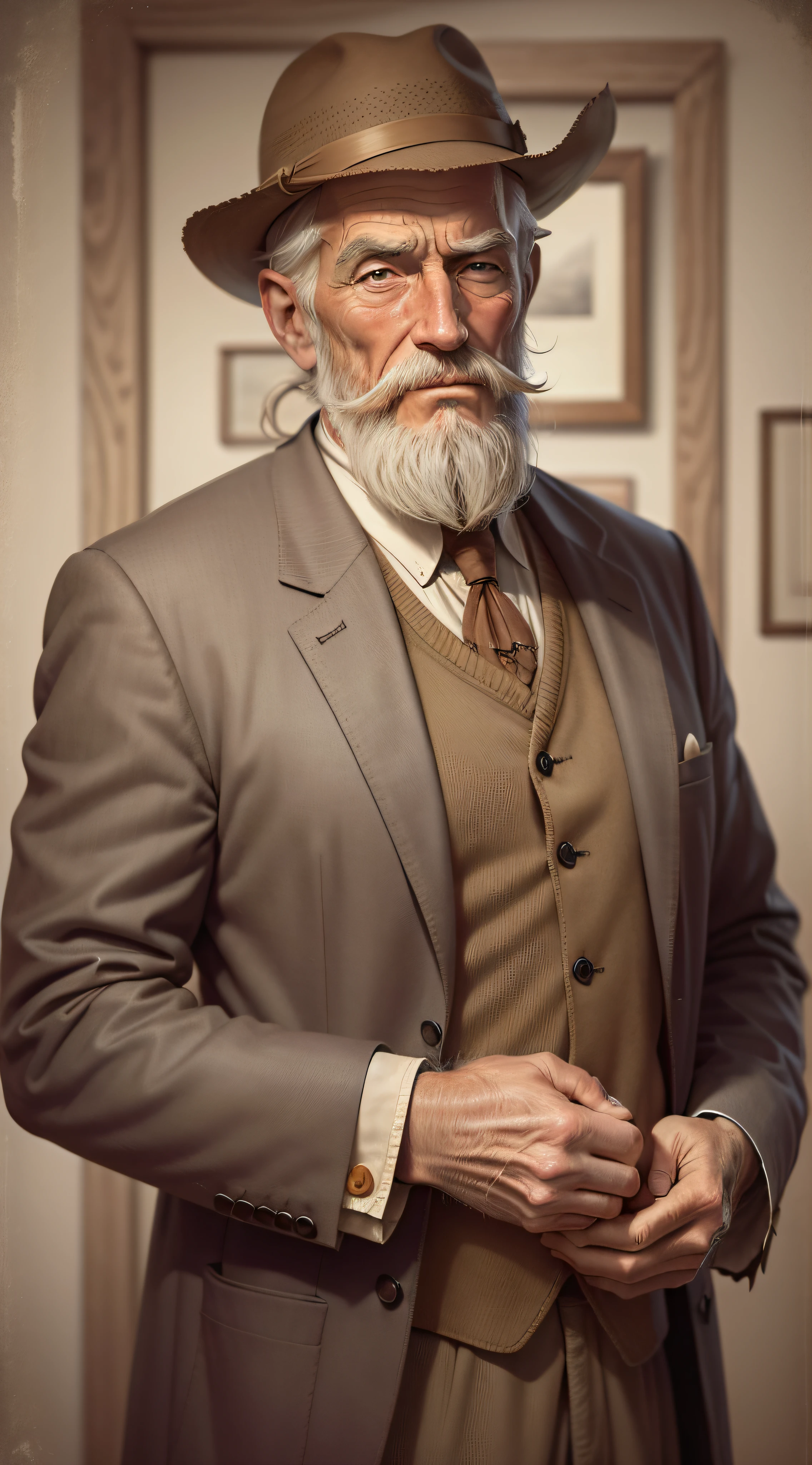 Old man old style old times, with beard, tall, with his hand in his pocket, realistic, facing image, with old clothes, in the framing of the image, super realistic, showing the whole body, detail-oriented