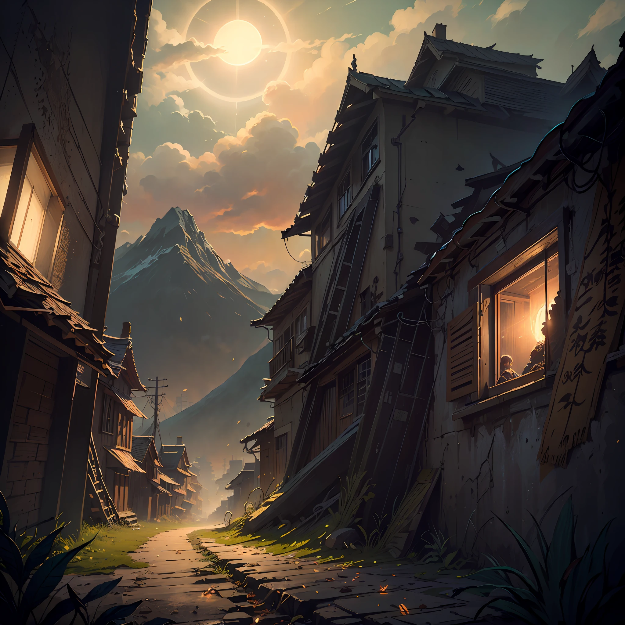 Expansive landscape photograph (seen from below, on which you can see the sun, The sky above , The wind blows the leaves and the open street, alleyway, slums), A  girl, Running down the alley and looking up 1girl, dinamic angle, The Cloud and the Mountain, (flower field: 1.4) In the foreground,Girl in a gray cloak, A lot of leaves, Light tracing, (Floating colorful wind: 1) (photo-realistic: 1.4), offcial art, Unity 8k wallpaper, Ultra-detailed, Beautiful and aesthetically pleasing, a masterpiece of, beste-Qualit, luminous skin, 电影灯光, slight smile (daytime, The sky: 1,2), ( Lots of circling leaves: 0,9), (The sun is shining: 1,3), A Distant Mountain , дерево BREAK production art, (Warm light source:1.2), (Firefly:1.2), lamp, a lot of yellow, Orange, Green, intricate details, volumetric lighting BREAK (a masterpiece of:1.2), (beste-Qualit), 4k, overdetalization , (Dynamic composition: 1.4), Highly detailed, colorful details, (Rainbow colors: 1.2), (Glowing Lighting, Ambiance Lighting), dreamy, elvish, (独奏: 1.2) --auto