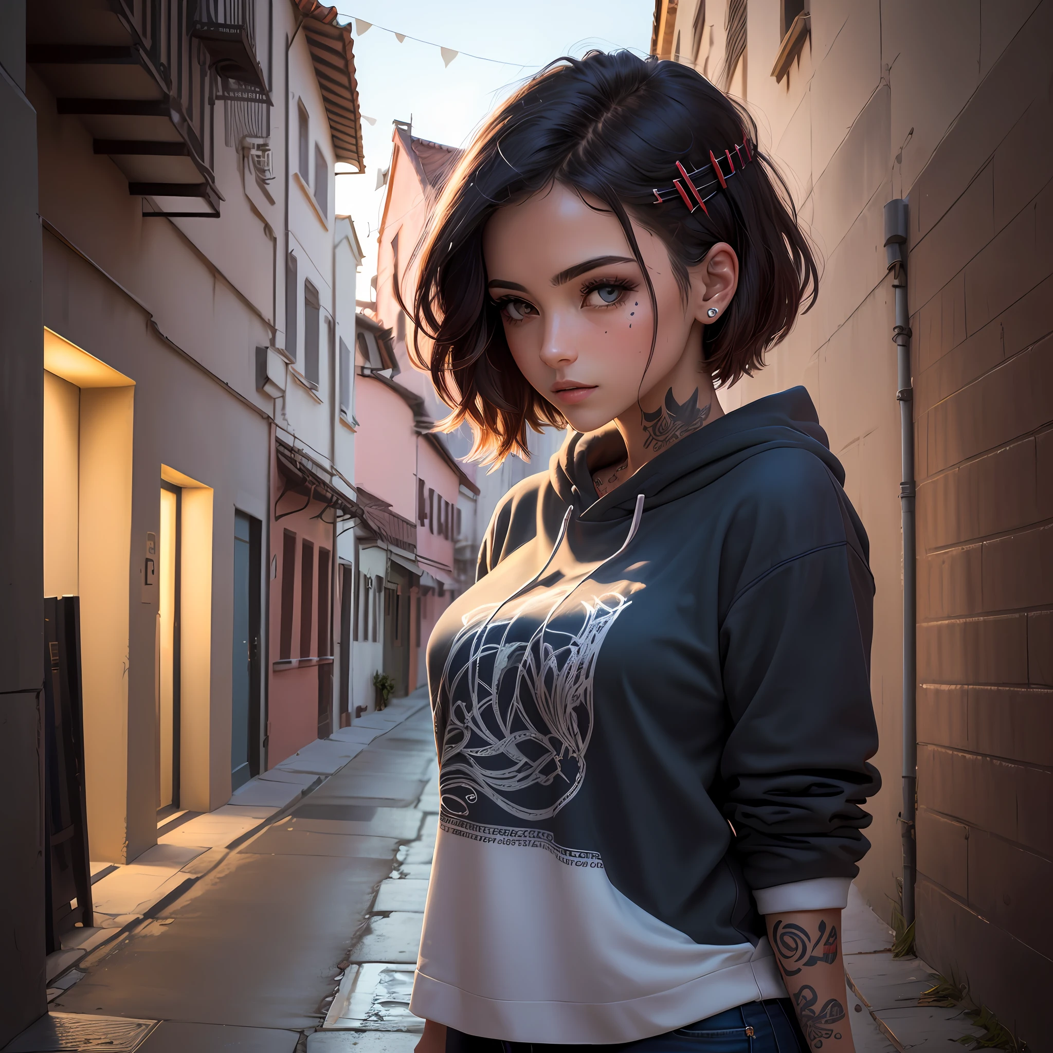 ((mejor calidad)), ((obra maestra)), (realista)), (detallada), (1 petite girl) mujer, sudadera con capucha, tatuaje en el brazo, retrato, flequillo, pelo corto, flequillo, pechos, pecas, ojos grises, pechos grandes, mirando al espectador, tatuaje en el cuello, piercing en la nariz, pelo rosado, solo, tatuaje en la cara, parte superior del cuerpo, fondo detallado, ciudad, dark alleyway, retrato, capucha en la cabeza, noche, enojado, primer plano, boca cerrada, ((obra maestra)), absurdres