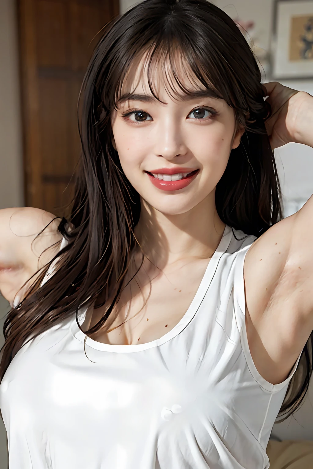 a masterpiece of、beste-Qualit、realisitic、(A hyper-realistic), (illustratio), (A high resolution), (8K), (richly detailed), (the best illustration), (beautiful-detailed eyes), (beste-Qualit), (ultra hyper-detailed), (a masterpiece of), (wall-paper), (details face), a bed、Upper body close-up,Armpit, A smile,Plump,独奏,(Girl in silk white tank top), full of sweat, japanes, big chest out, (camel's toe)、gigantic-breast、Luxury living room、Detailed white teeth、Ultimate Beauty、Shot on Canon EOS R 6、