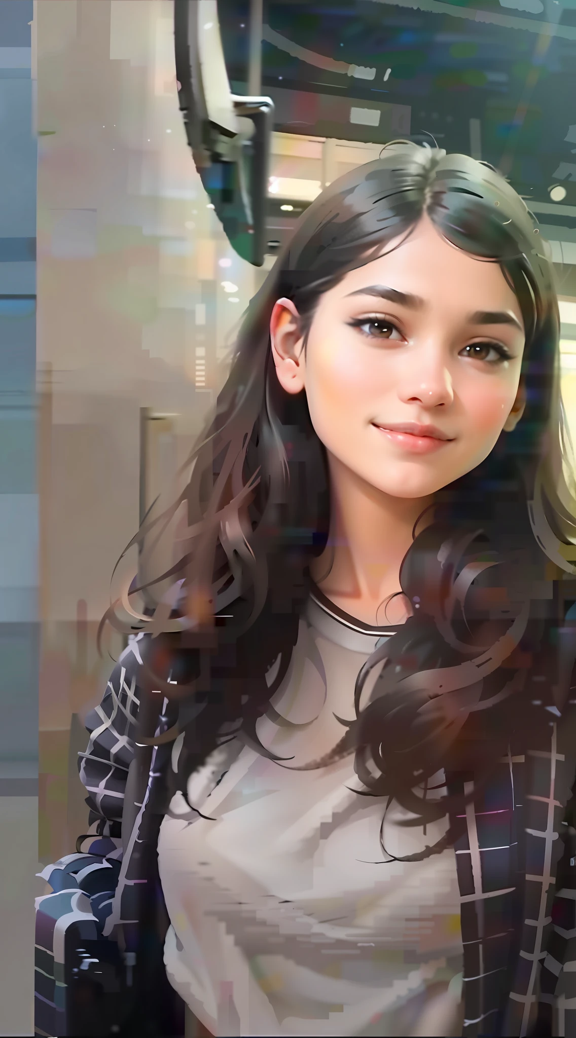 there is a woman that is standing in front of a bus, she is about 1 , 19-year-old girl, indian girl with brown skin, young and cute girl, profile pic, with cute - fine - face, with accurate face, tiktok video, cute young girl, very very low quality picture, video still