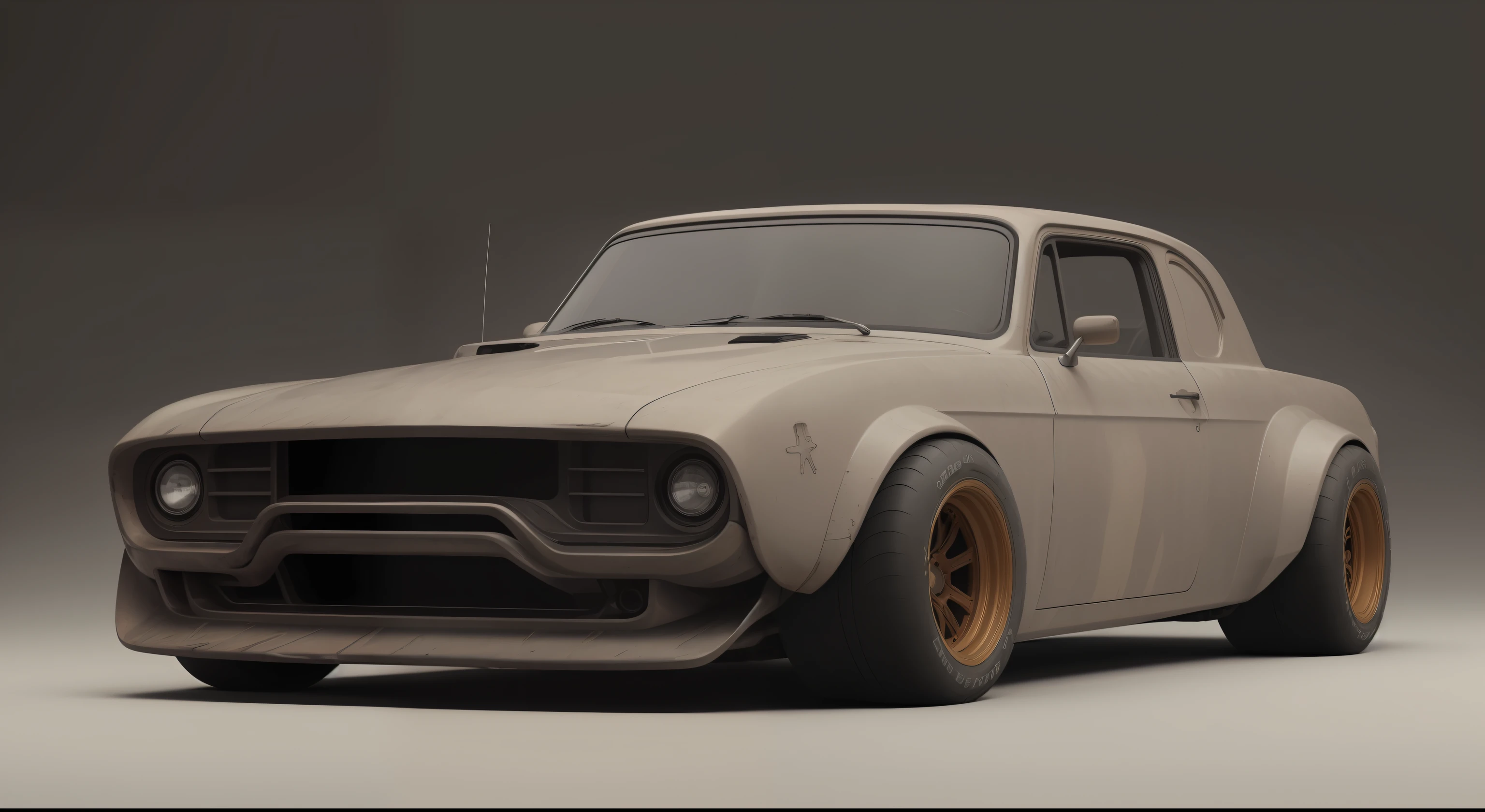 (((low-slung tuned futuristic cyberpunk mate brown badass rat rod zeekar))) hotrod, at the parking lot, wide tires, (mad max style), monster truck, dune buggy, ((1car:1.3)), supercharger, white background, mate finish, dusty, mate simple paintjob, (muddy), 3d render, brown, smooth lines, smooth bodywork, (octane render), huge slick tires, mate brown muddy livery, mud, rust, fat tires, ((oversized radial tires)), drag slicks