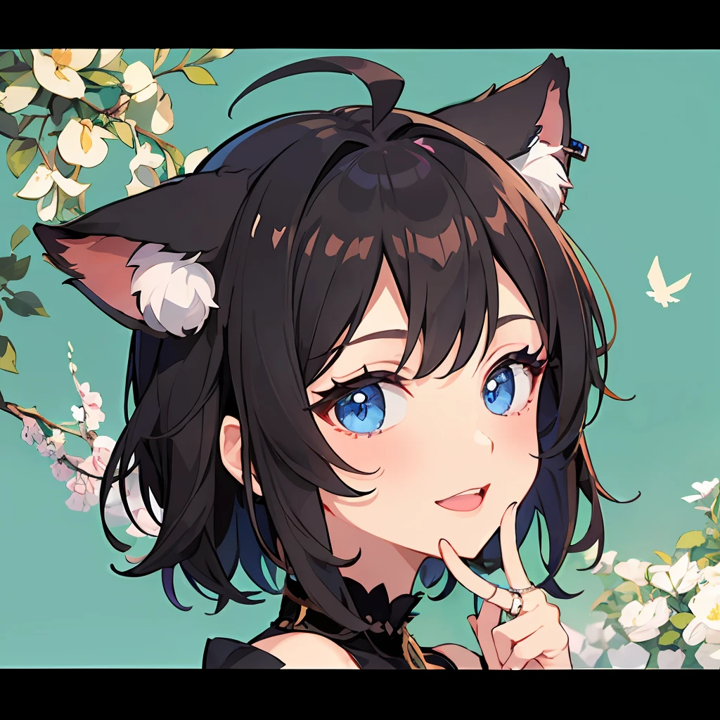 ((beste-Qualit))、((a masterpiece of))、((ultra-definition))、(illustratio)、(Fine light)、(Extremely delicate and beautiful)、(((独奏)))、1 girl in、(((beautiful a girl)))、opened mouth、a smile、(Black-haired), (Black cat ears), (Ahoge), (absurdly short hair), (Maeby Hair), (Blue eyes),Fashionable background、Ring on left ring finger