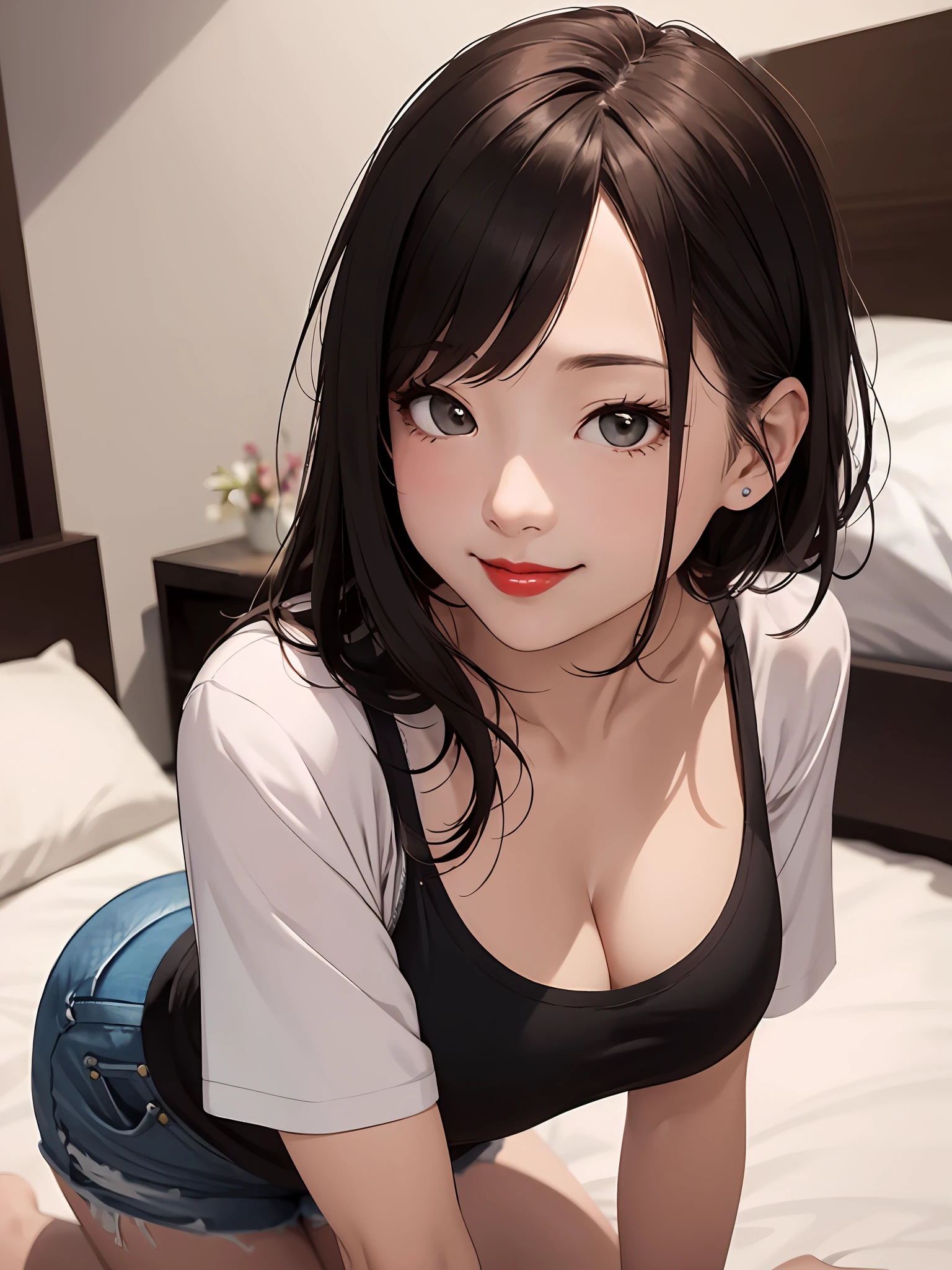realisticlying、45-year-old girl、T-shirt wearing，Face enhancement，Chest super large zoom，Cleavage emphasis，Looking up from the bottom，Smile，Blushing，Red lips，A sexy，Bed sit