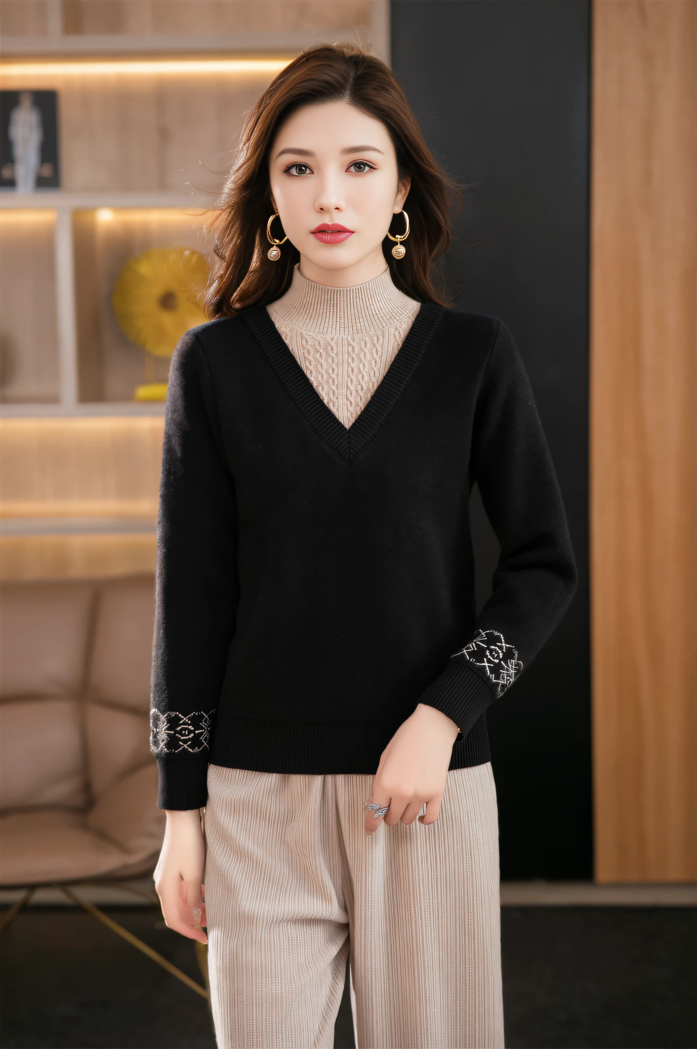 8K, Thirty Years Female, Temperament, Delicate Skin, Highly Detailed, Digital Photography, Surrealist Painting, Beautiful (Masterpiece, Side Light, Fine Beautiful Eyes: 1.2), Pretty, High Quality, Original Painting, Realistic Skin Details, Long Black Hair, Natural Light and Shadow, Clear Focus, Ultra Fine Face, Photo Realistic, Standing, High Detail, Cinematic Lighting, Ultra HD, Anatomically Correct, Best Quality, Fashion Clothing, Official Product Pictures, Product Introduction Photos,