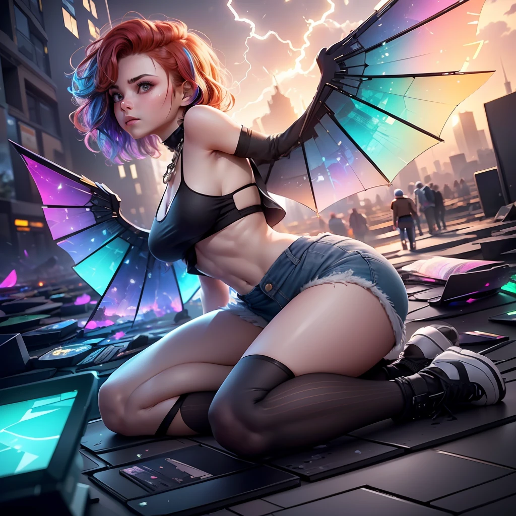 Masterpiece, {beauty},solo,1 girl, pink dress, fantastic hair, neon background white wings, cloud background, lake blue hair, ((medium breast, tomboy girls, small head)), daylight, sunlight, (chiseled abs : 1.1), (perfect body : 1.1), (short wavy hair : 1.2) , auburn hair, collar, chain, full body shot, crowded street, wearing black tanktop, jeans jacket, ((shorts)), (extremely detailed CG 8k wallpaper), (an extremely delicate and beautiful), (masterpiece), (best quality:1.0), (ultra highres:1.0), beautiful lighting ,perfect lightning, realistic shadows, [highres], detailed skin, ultra-detailed, transparent