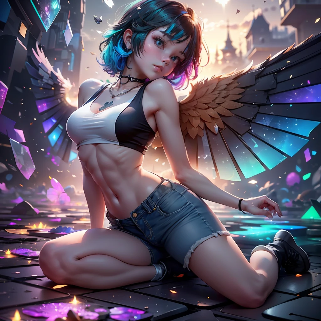 Masterpiece, {beauty},solo,1 girl, pink dress, fantastic hair, neon background white wings, cloud background, lake blue hair, ((medium breast, tomboy girls, small head)), daylight, sunlight, (chiseled abs : 1.1), (perfect body : 1.1), (short wavy hair : 1.2) , auburn hair, collar, chain, full body shot, crowded street, wearing black tanktop, jeans jacket, ((shorts)), (extremely detailed CG 8k wallpaper), (an extremely delicate and beautiful), (masterpiece), (best quality:1.0), (ultra highres:1.0), beautiful lighting ,perfect lightning, realistic shadows, [highres], detailed skin, ultra-detailed, transparent